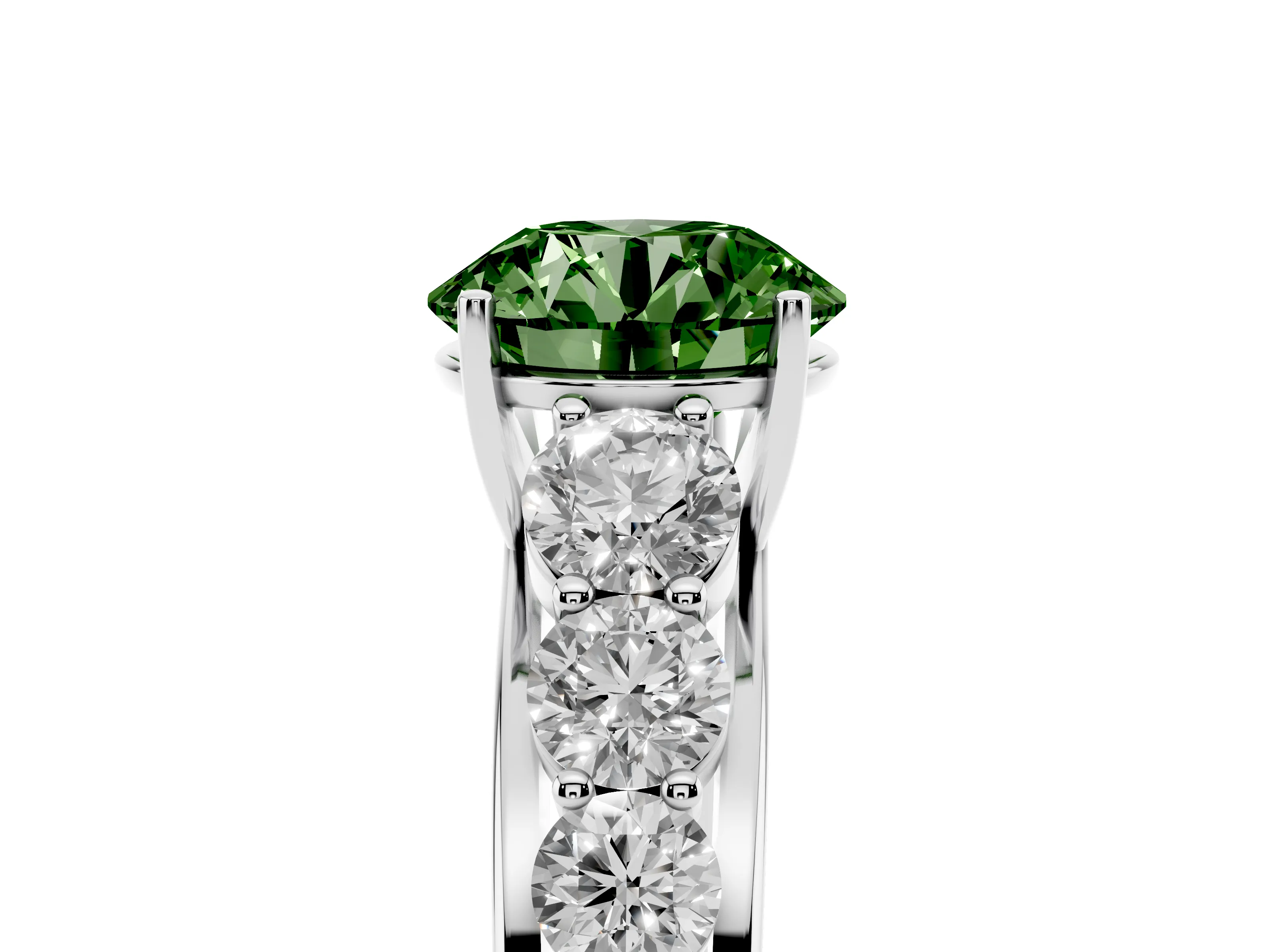 Fancy Green Round Cut Diamond Solitaire Ring Set in White gold with Pavé-Set Band and Prong Setting