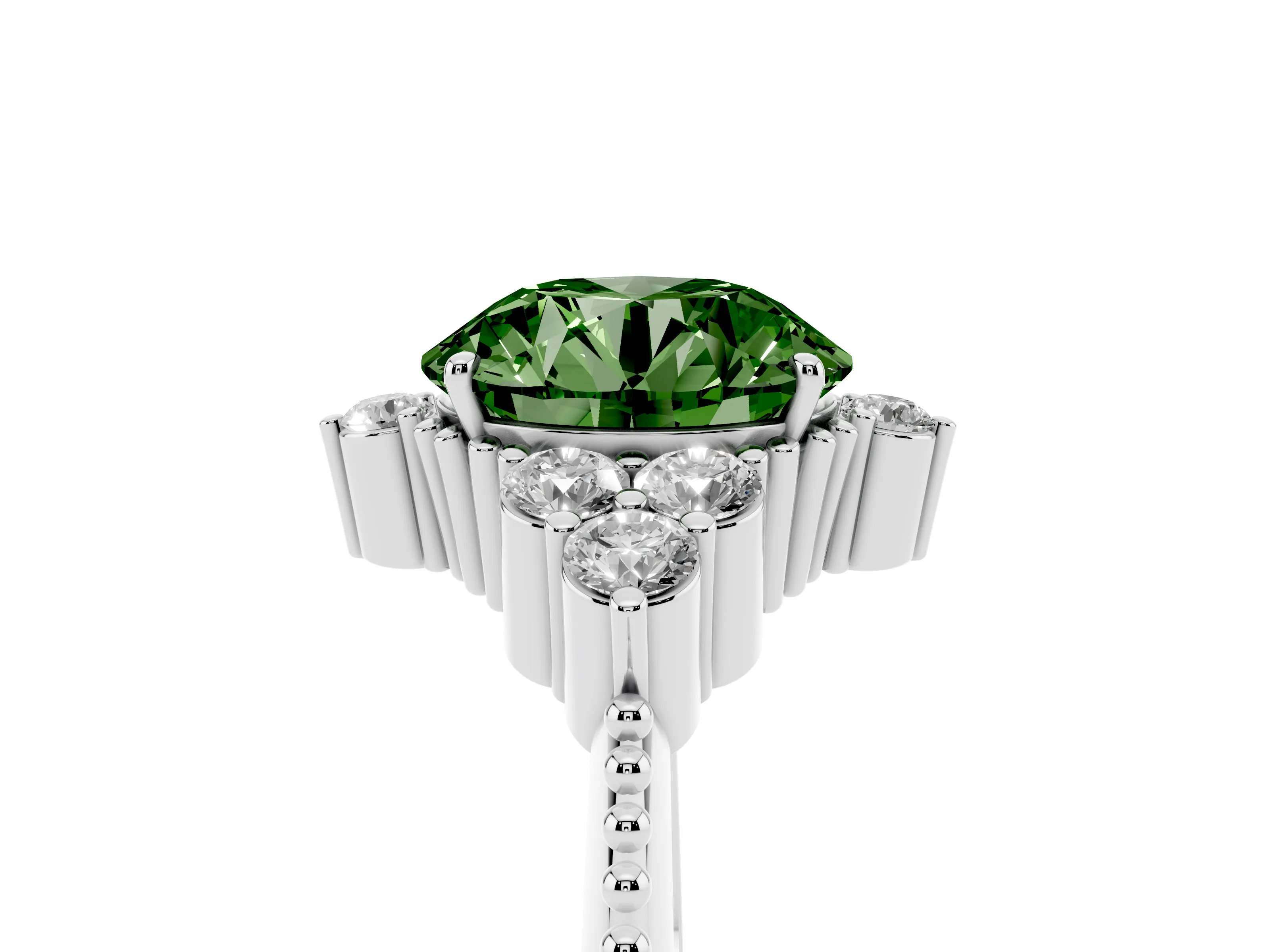 Fancy Green Round Cut Diamond Cluster Ring Set in Silver with Beaded Band