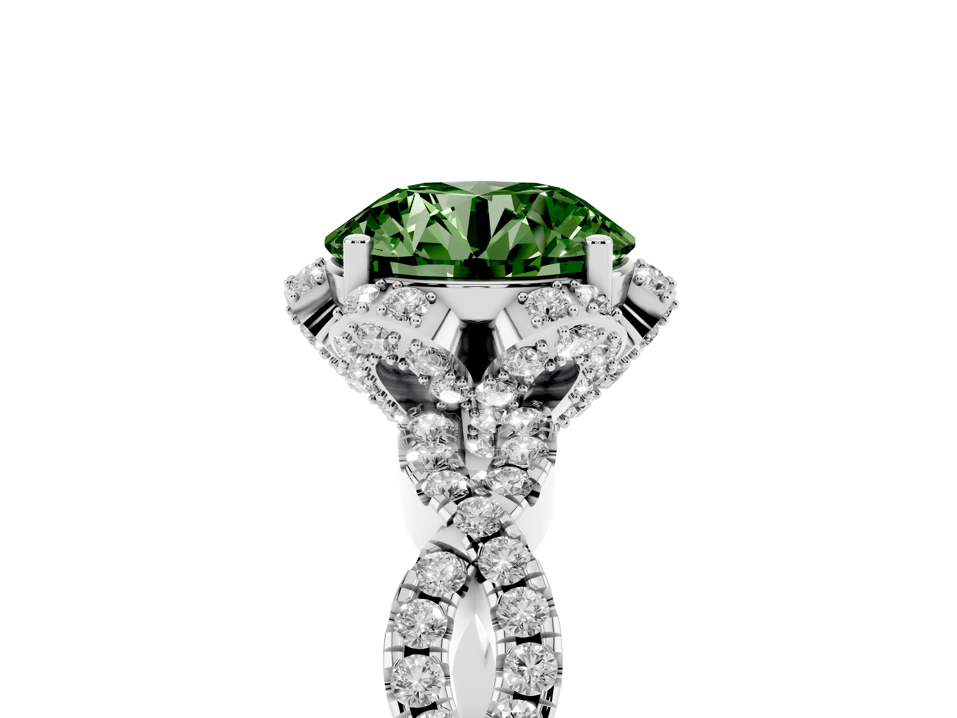 Fancy Green Round Cut Diamond Halo Twist Band Solitaire Ring Set in White gold with Prong-Set Center Stone