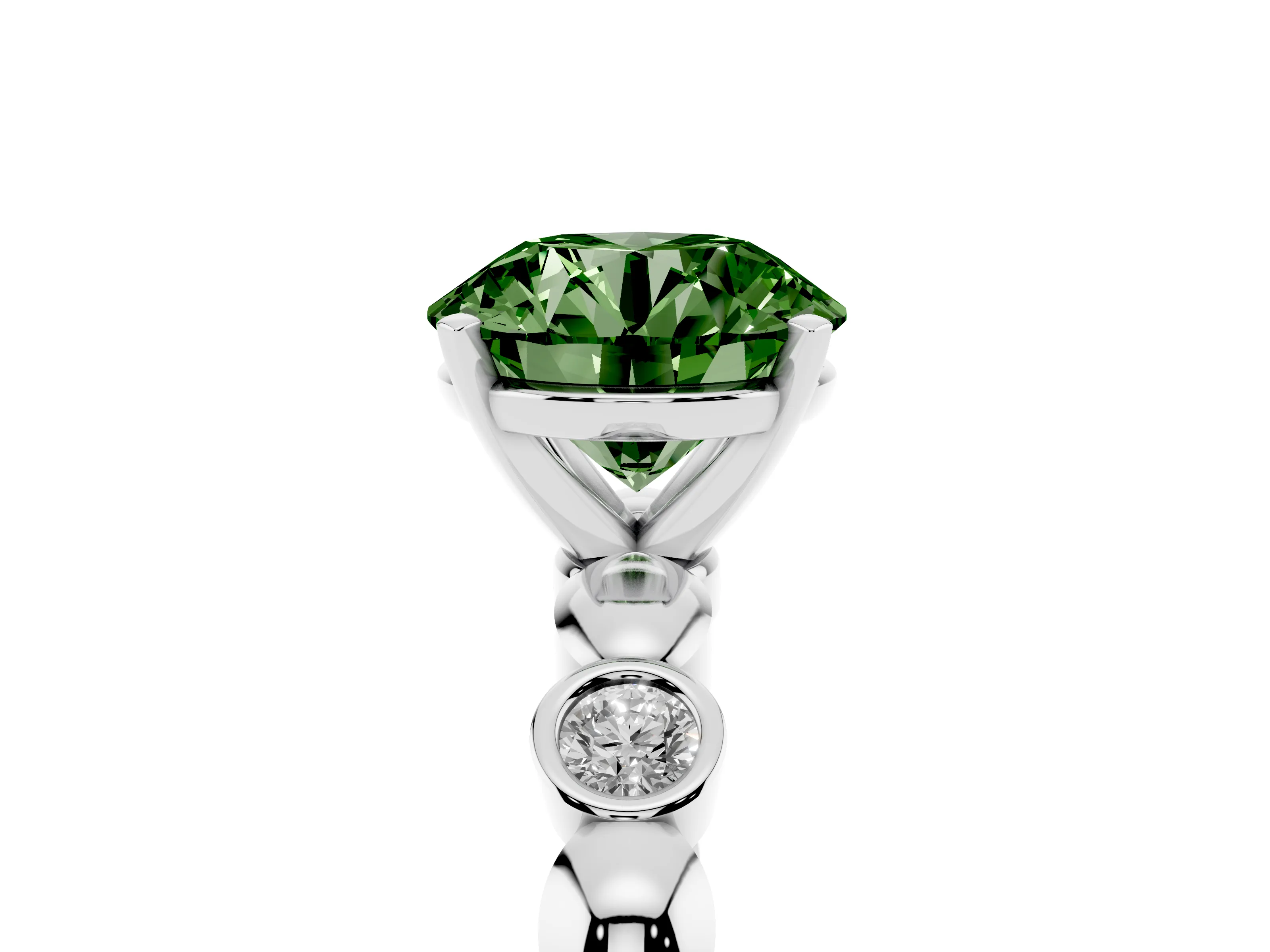 Fancy Green Round Cut Diamond Solitaire Ring Set in Silver with Bezel-Set Accents on Beaded Band and Prong Setting