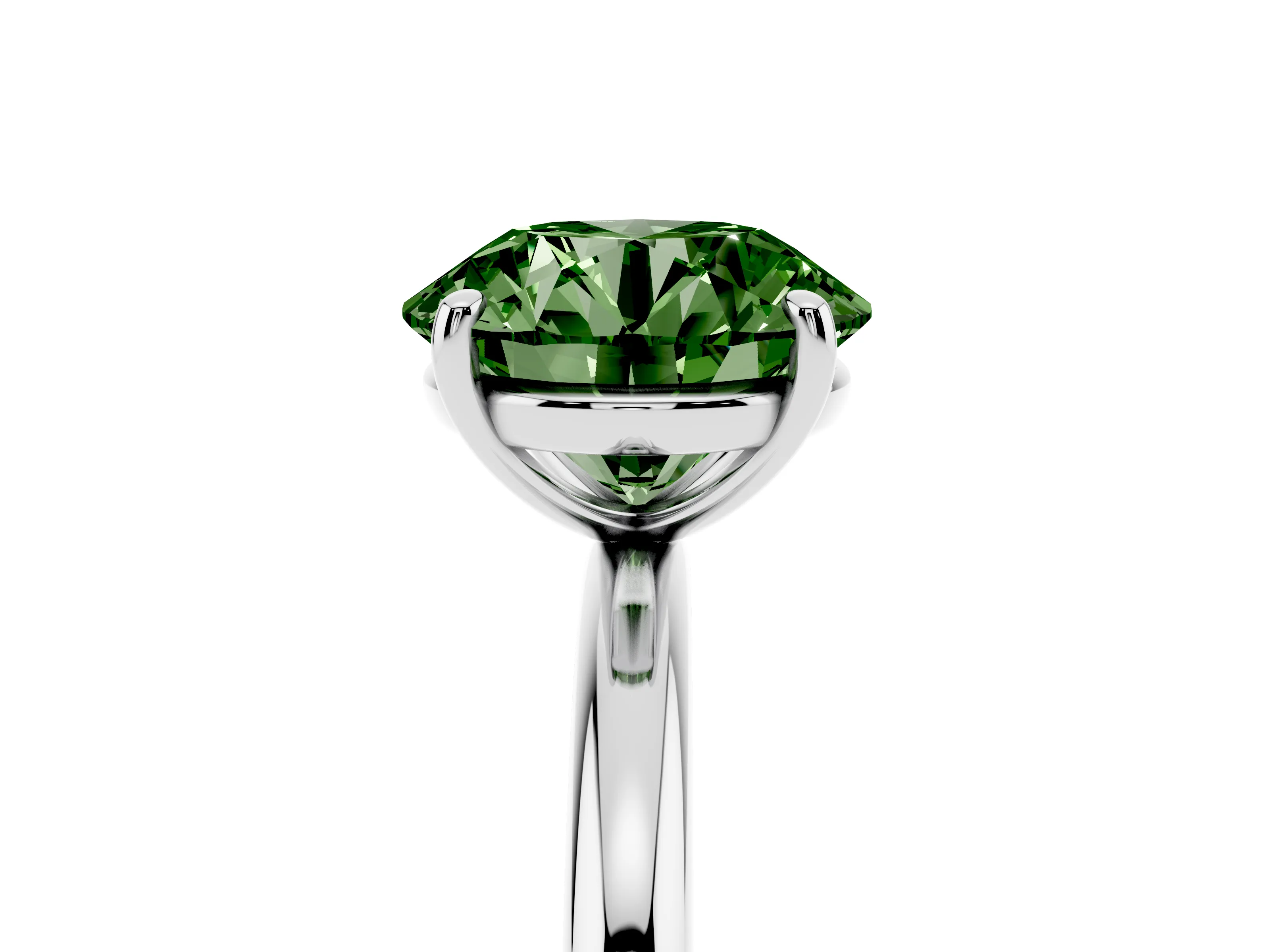 Fancy Green Round Cut Diamond Solitaire Ring Set in Platinum with Prong Setting on a Polished Plain Band