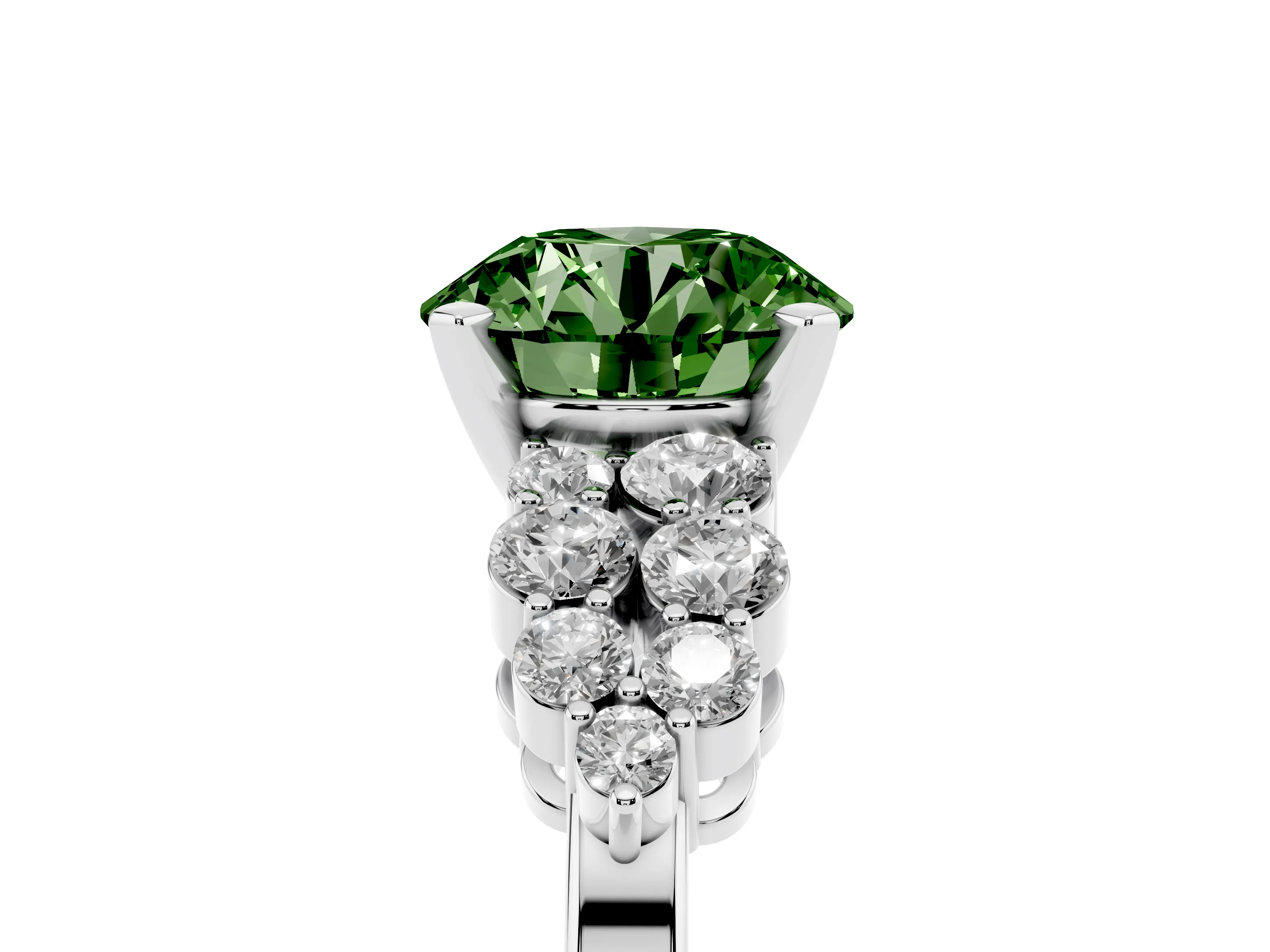 Fancy Green Round Cut Diamond Cluster Engagement Ring Set in White gold with Pavé Band and Prong Setting