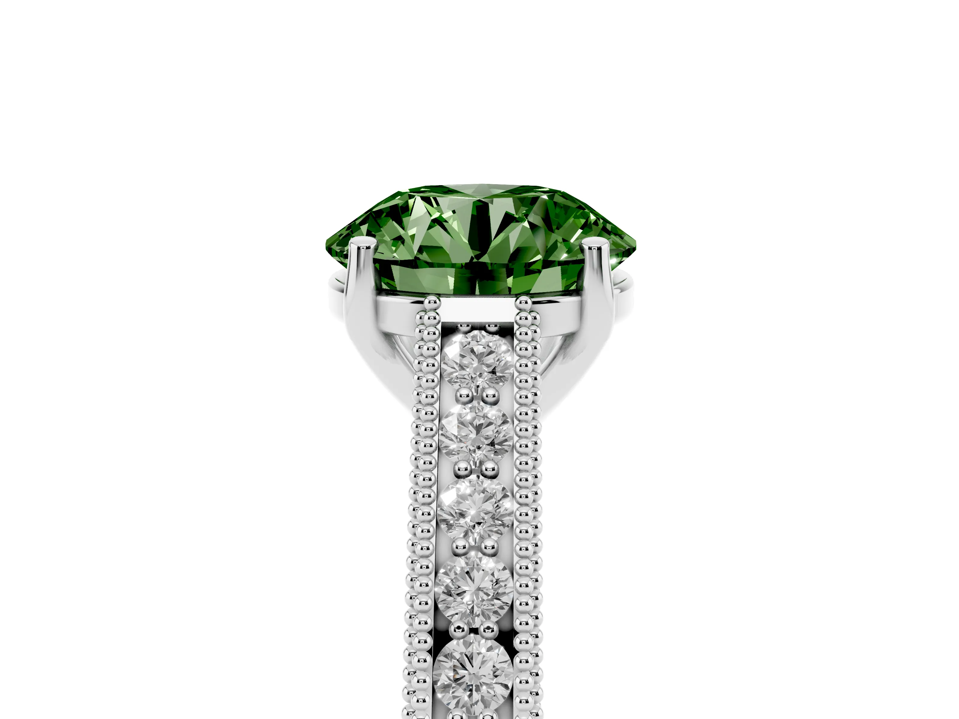 Fancy Green Round Cut Diamond Milgrain Pavé Band Solitaire Ring Set in Silver with Prong Setting