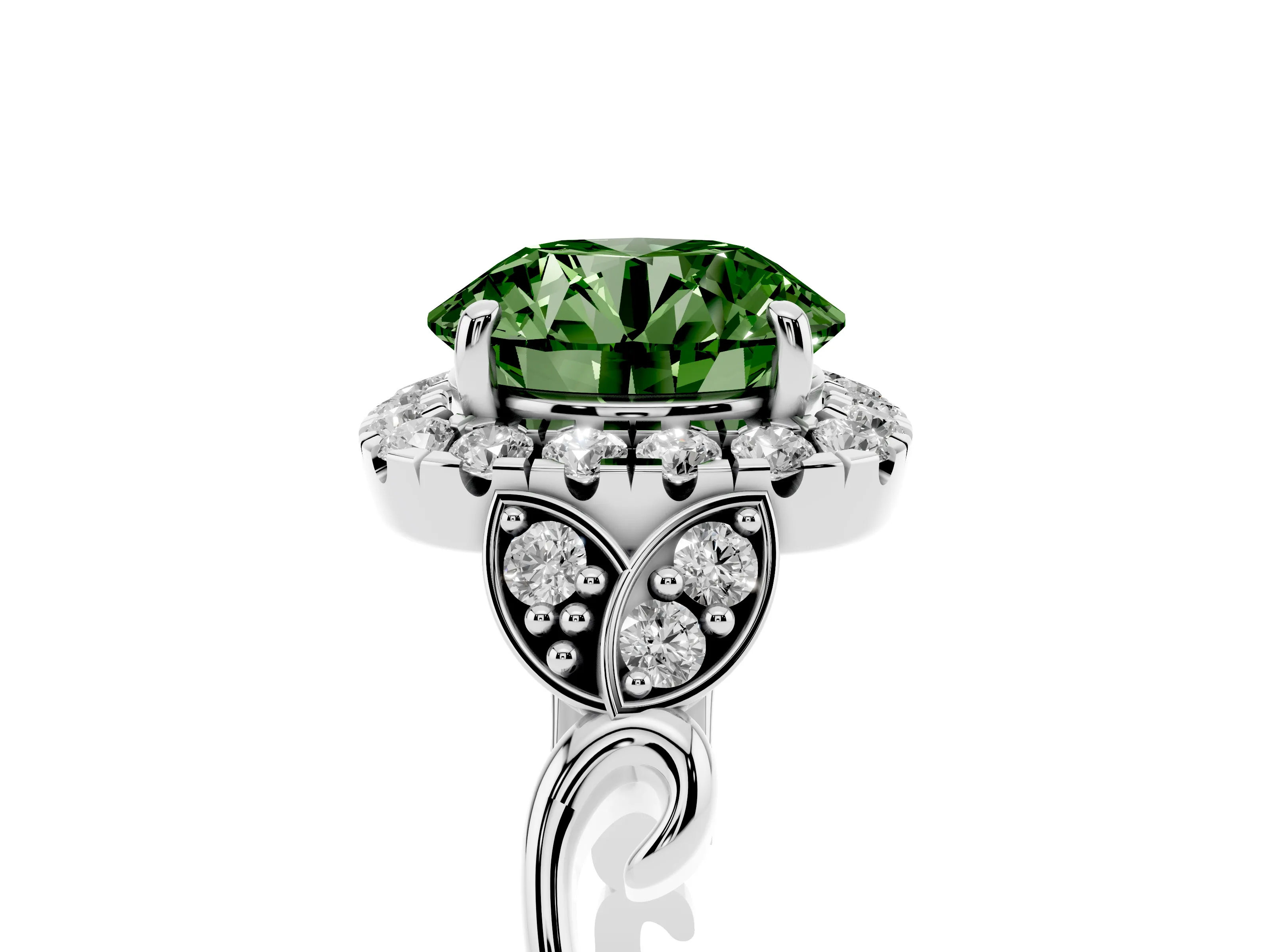 Fancy Green Round Cut Diamond Halo Engagement Ring Set in White gold with Vintage-Inspired Band and Prong Setting