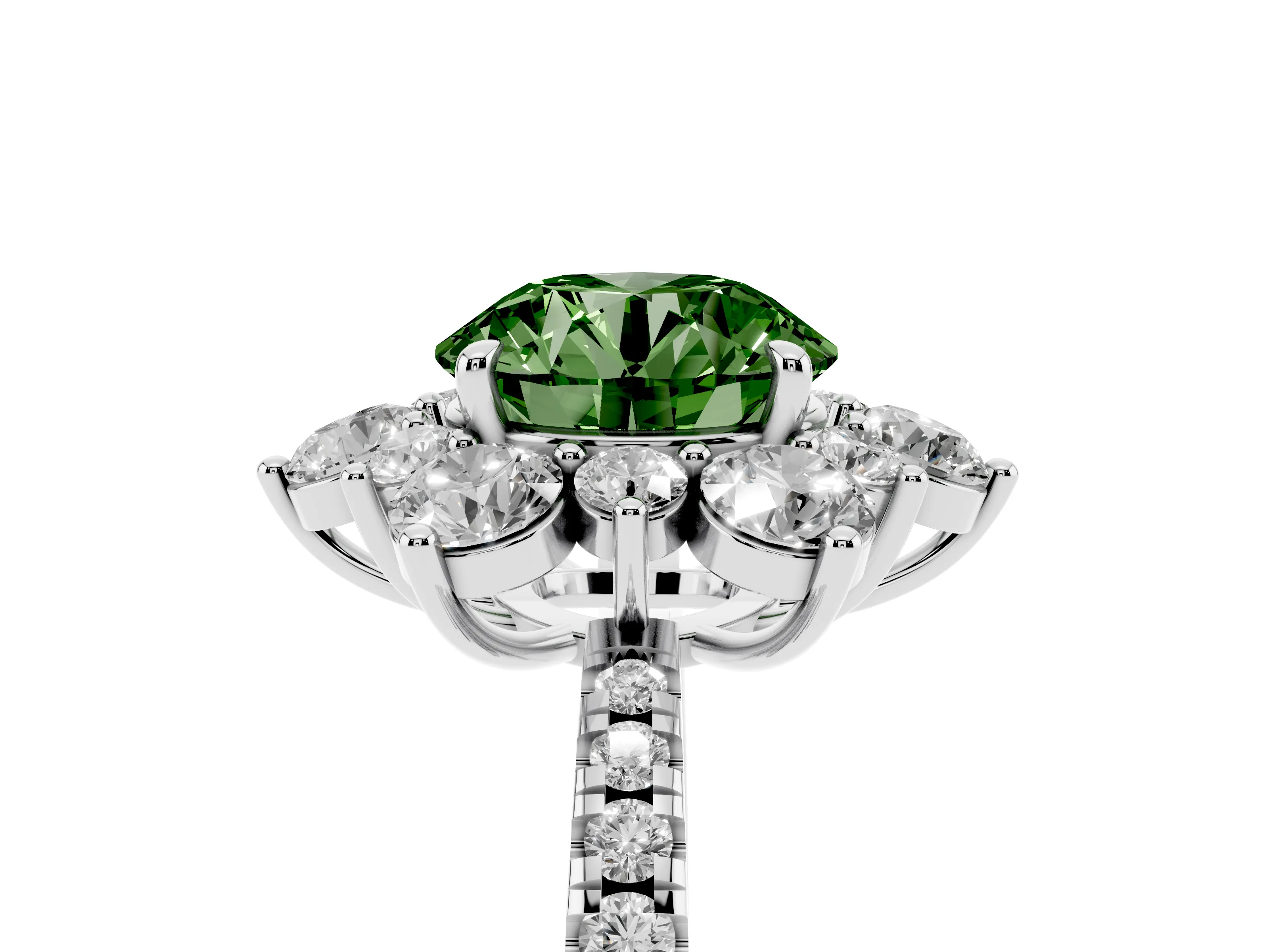 Fancy Green Round Cut Diamond Floral Halo Ring Set in Platinum with Round Pavé Band and Prong Setting