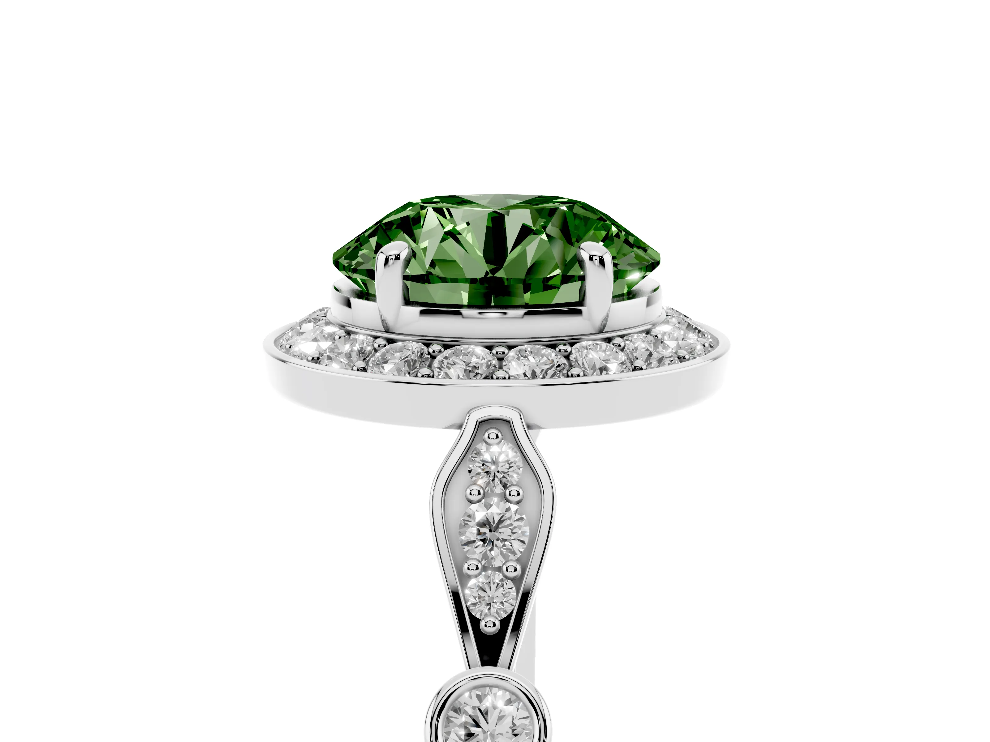 Fancy Green Round Cut Diamond Halo Engagement Ring Set in Platinum with Twisted Band and Prong Setting