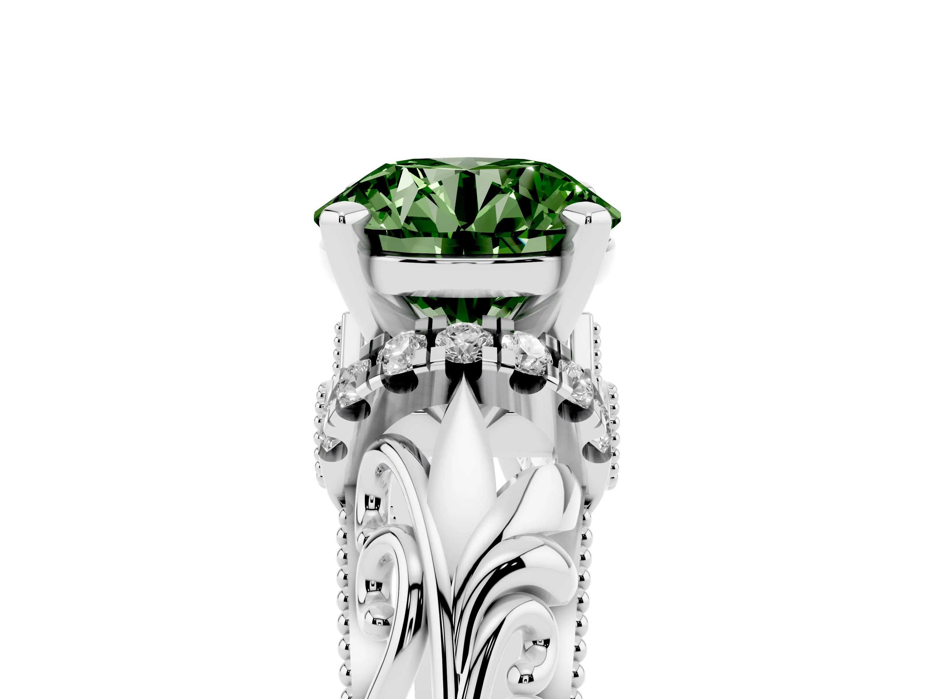 Fancy Green Round Cut Diamond Filigree Halo Engagement Ring Set in Silver with Prong Setting