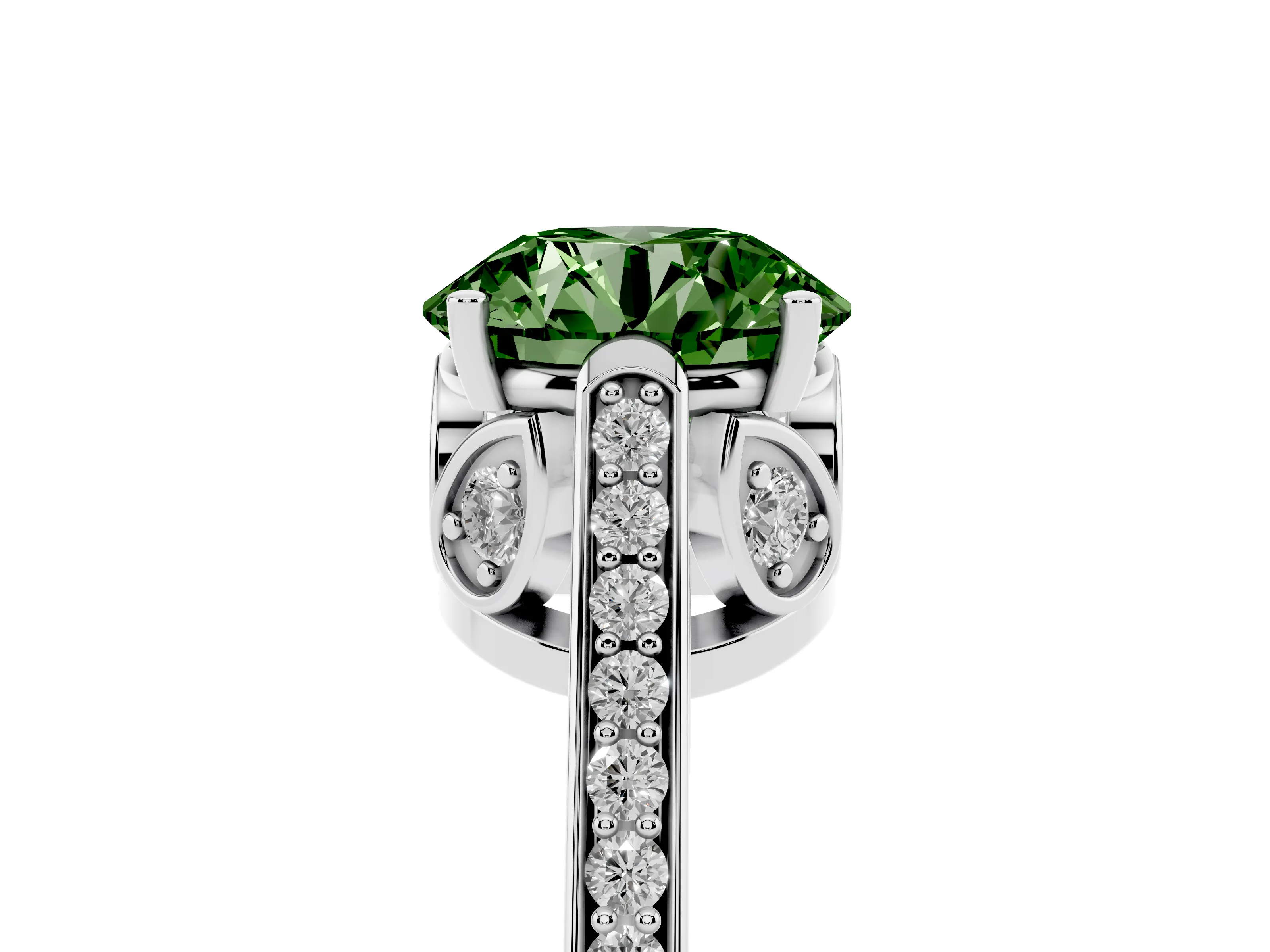 Fancy Green Round Cut Diamond Cathedral Pavé Engagement Ring Set in Silver with Prong Setting
