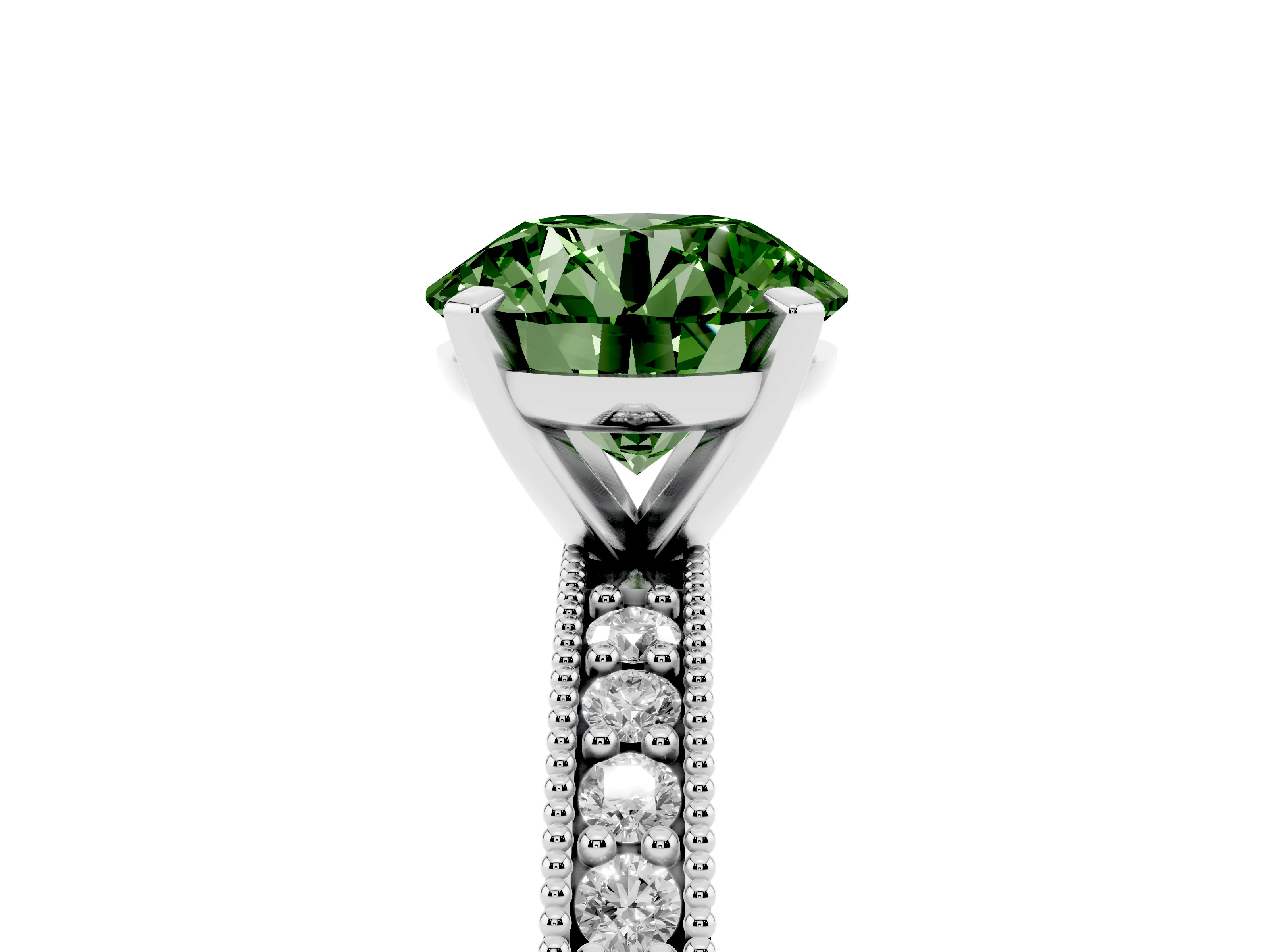 Fancy Green Round Cut Diamond Milgrain Pavé Engagement Ring Set in White gold with Prong Setting