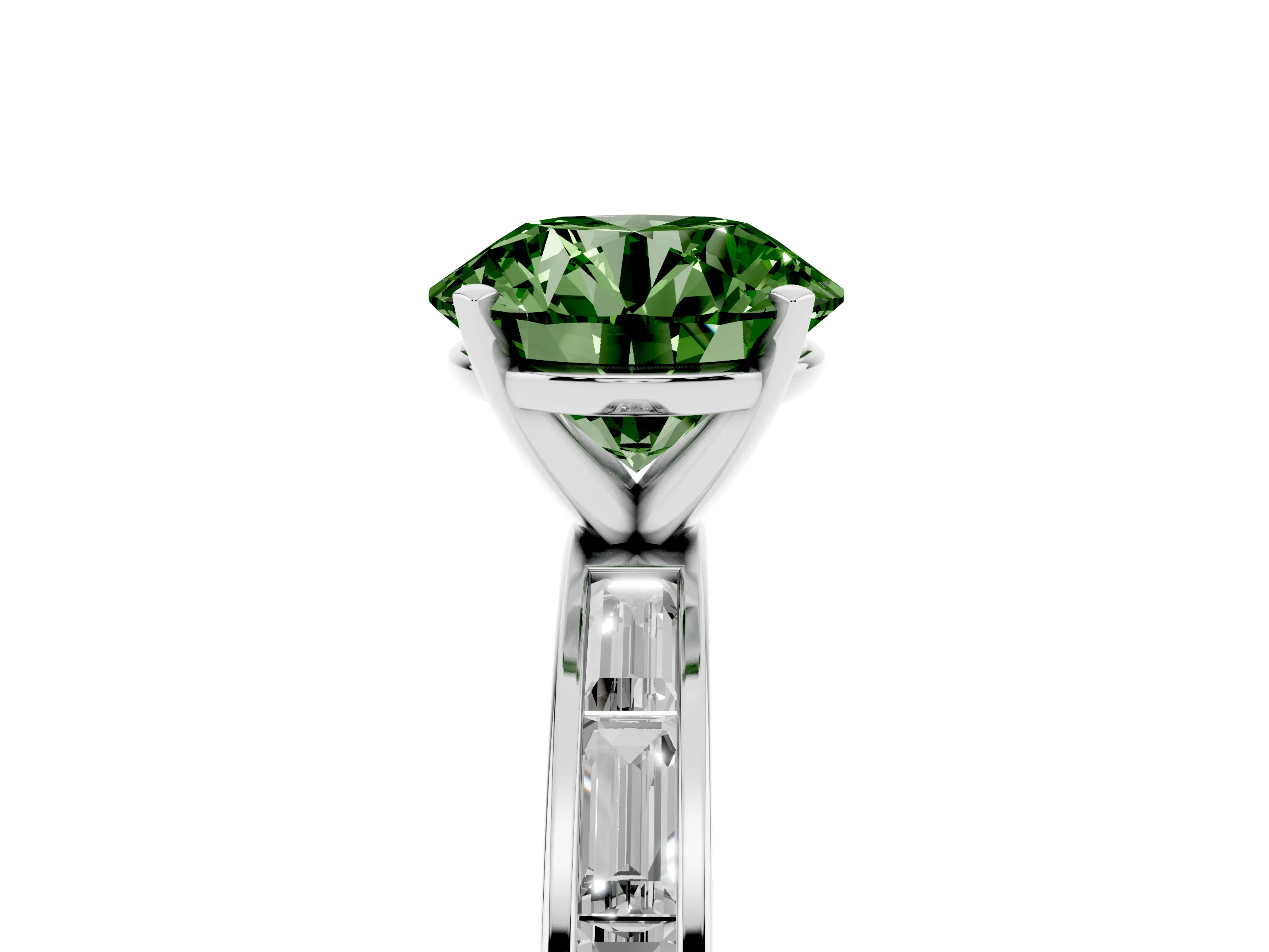 Fancy Green Round Cut Diamond Solitaire Ring Set in Platinum with Channel-Set Baguette Band and Prong Setting