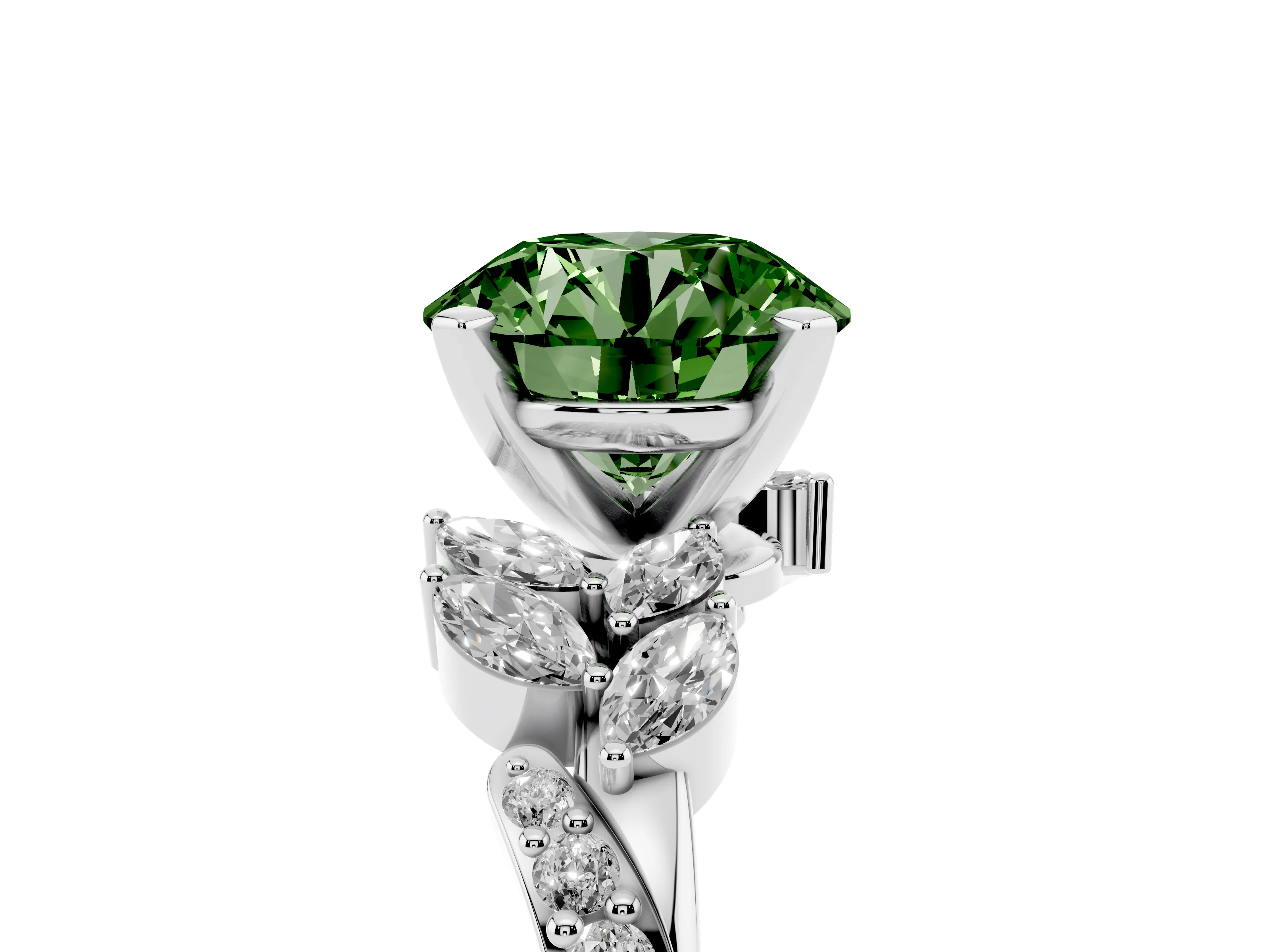 Fancy Green Round Cut Diamond Solitaire Ring Set in Silver with Marquise Twist Band and Prong Setting