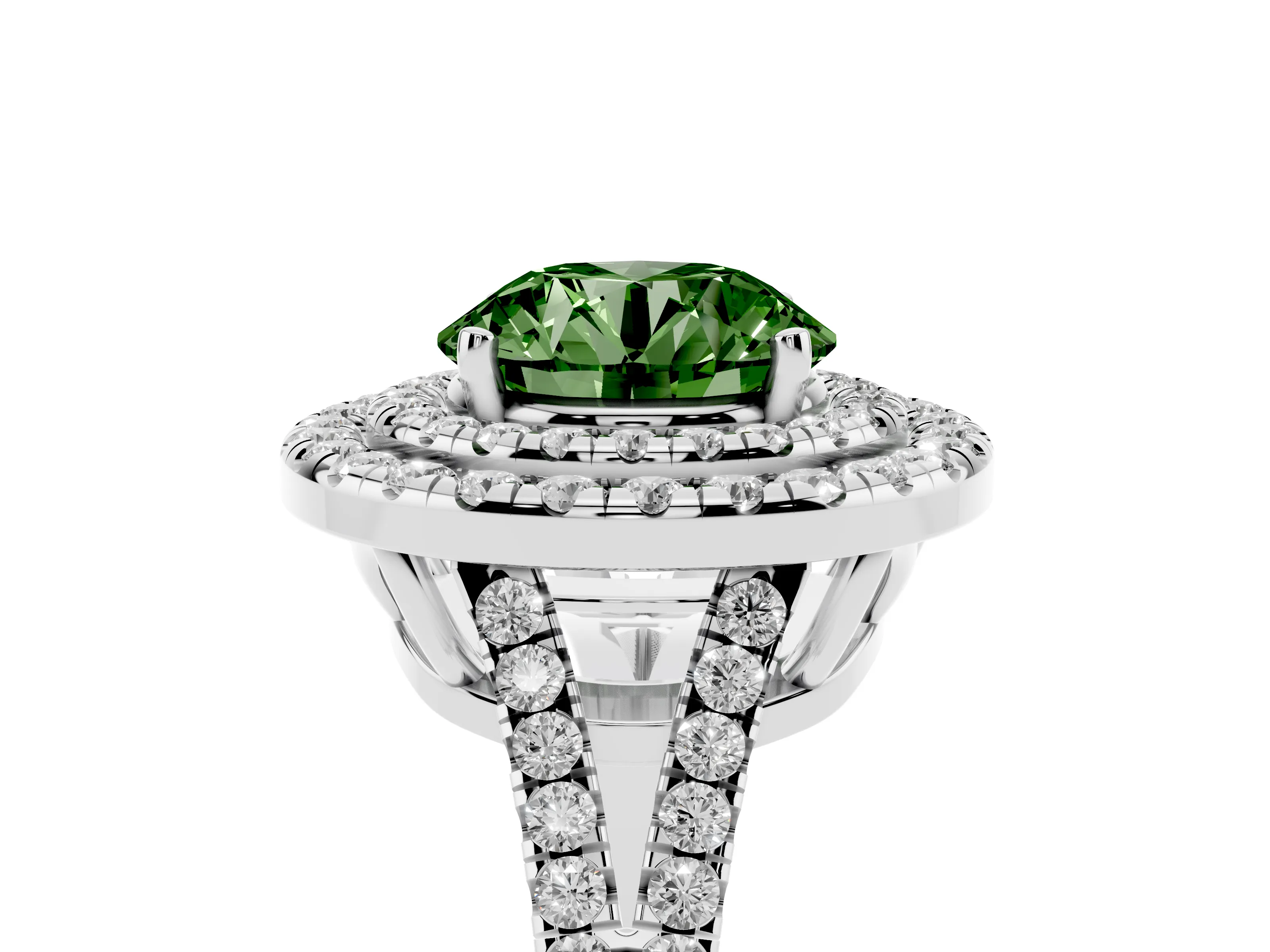 Fancy Green Round Cut Diamond Double Halo Ring Set in Platinum with Pavé Band