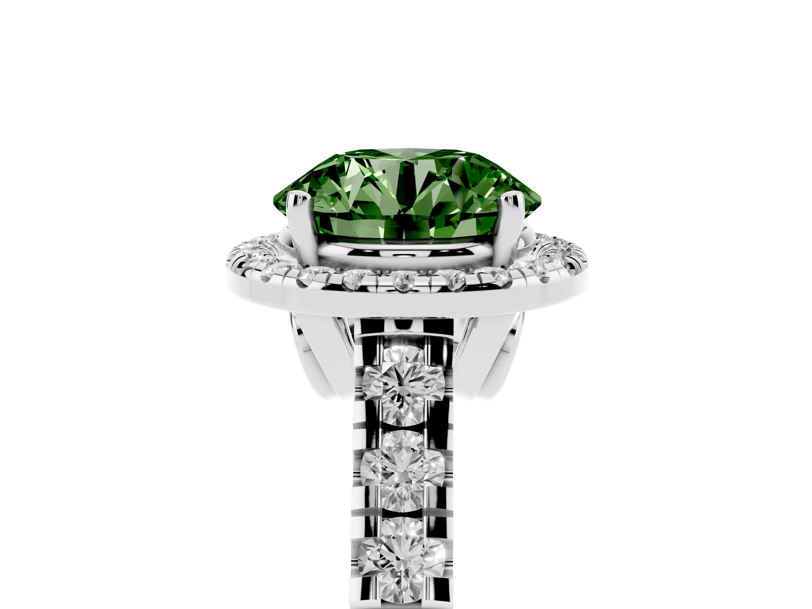 Fancy Green Round Cut Diamond Halo Engagement Ring Set in Platinum with Pavé Band and Prong-Set Center