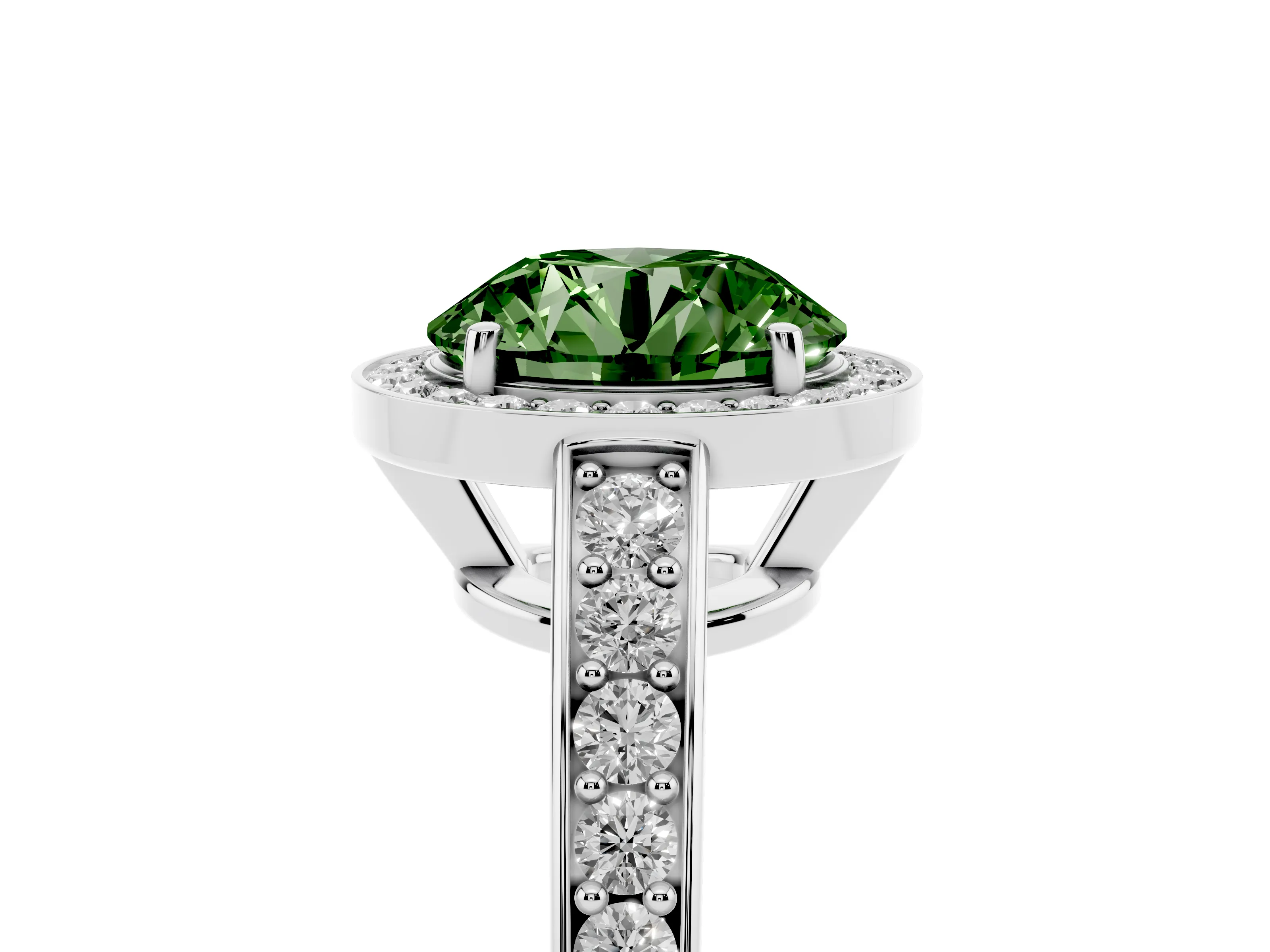 Fancy Green Round Cut Diamond Halo Pavé Engagement Ring Set in Silver with Bezel Setting