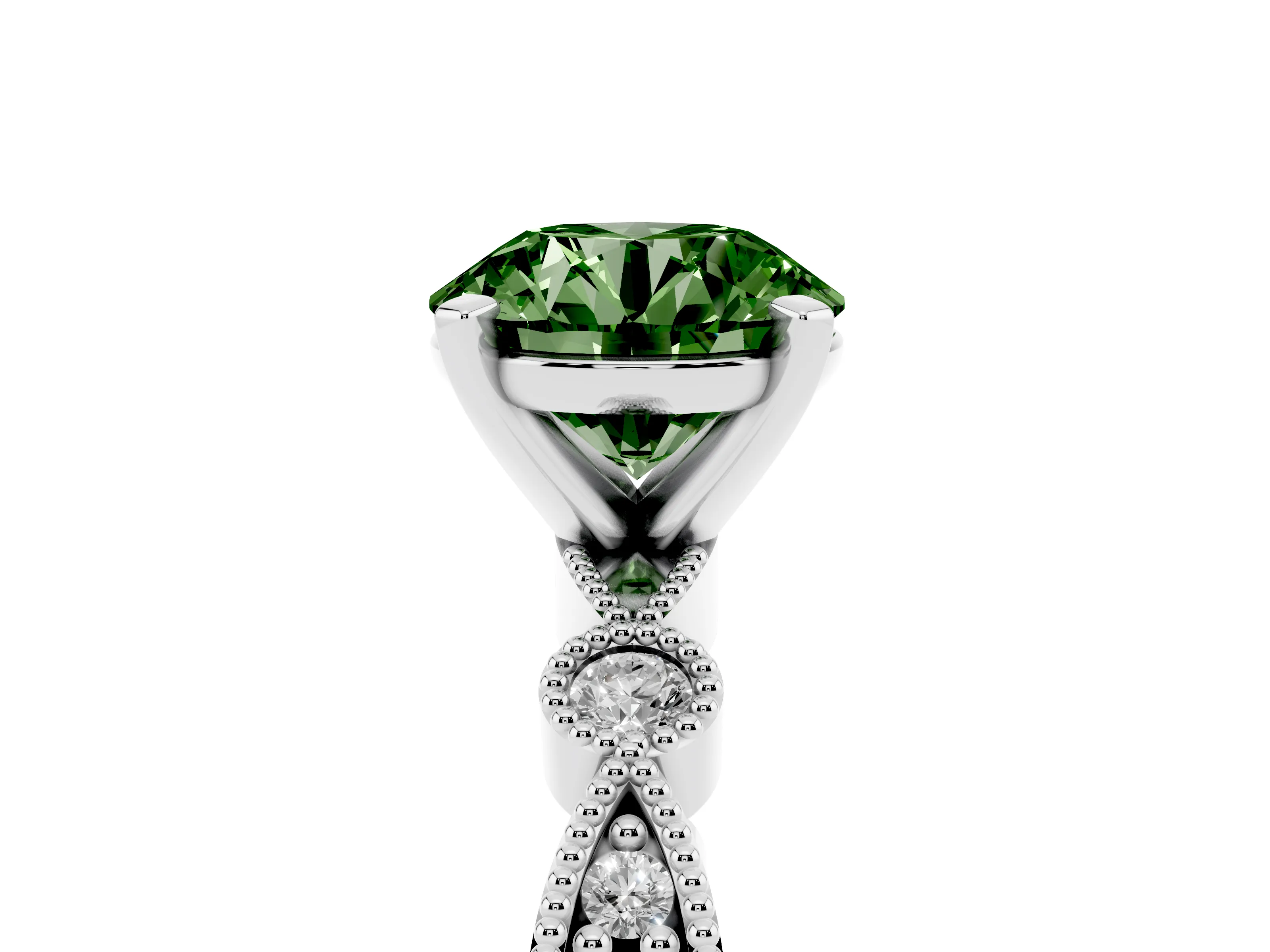 Fancy Green Round Cut Diamond Solitaire Engagement Ring Set in Silver with Milgrain Bezel Accent Band