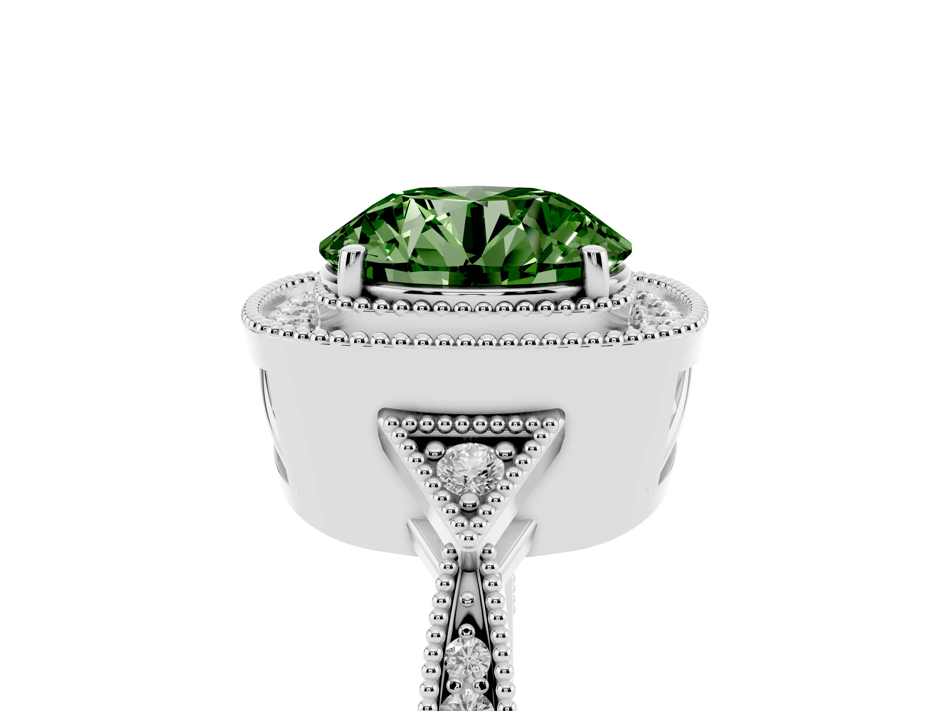 Fancy Green Round Cut Diamond Halo Engagement Ring Set in Platinum with Milgrain Pavé Band