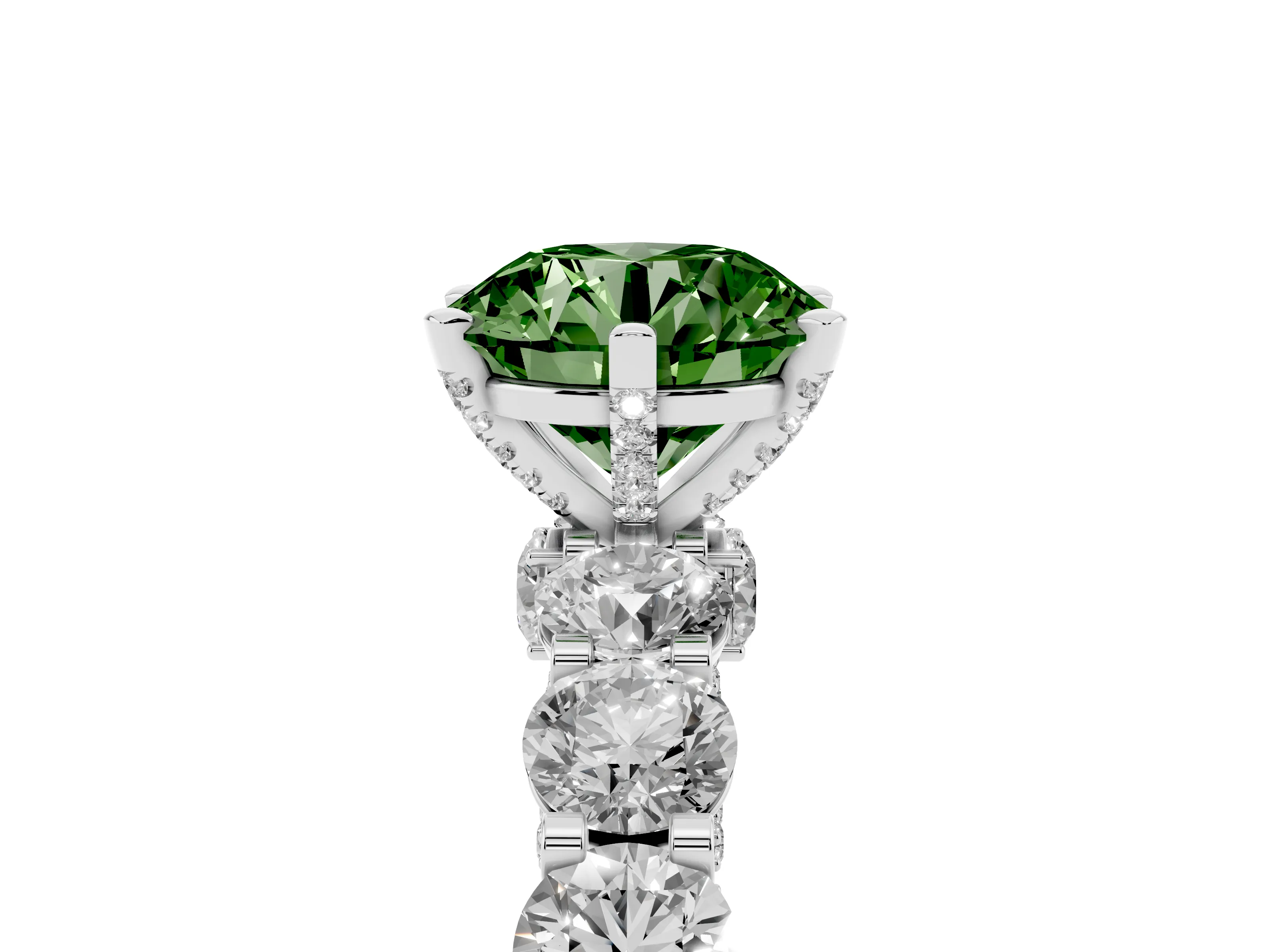 Fancy Green Round Cut Diamond Side Stone Ring Set in Silver with Alternating Round and Oval Side Stones