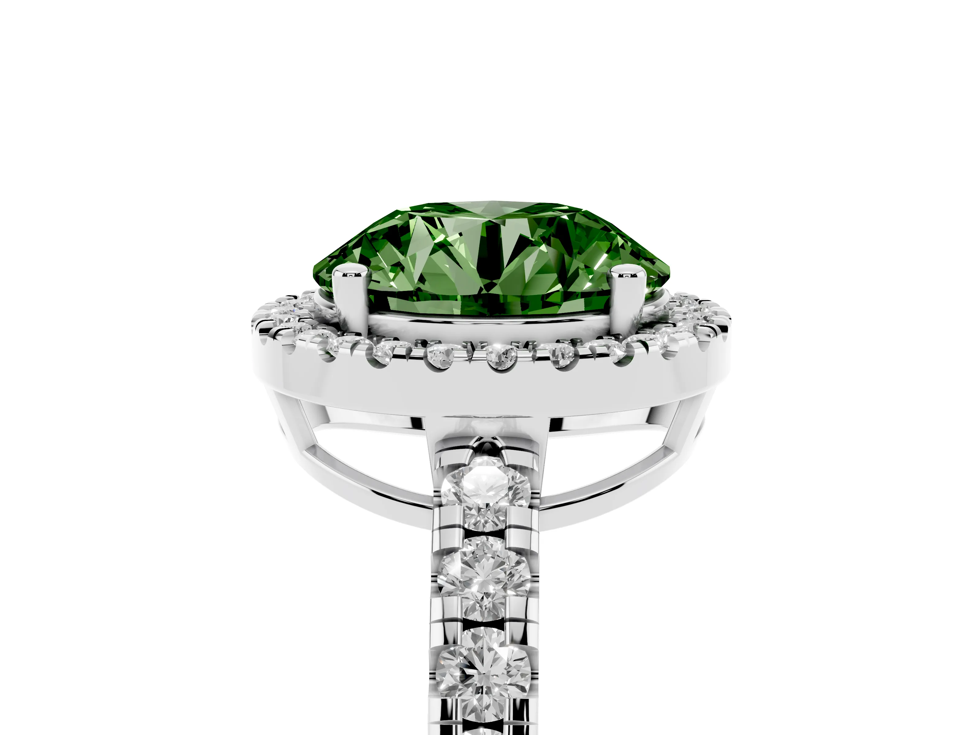 Fancy Green Round Cut Diamond Halo Ring Set in Silver with Delicate Pavé Band and Prong Setting