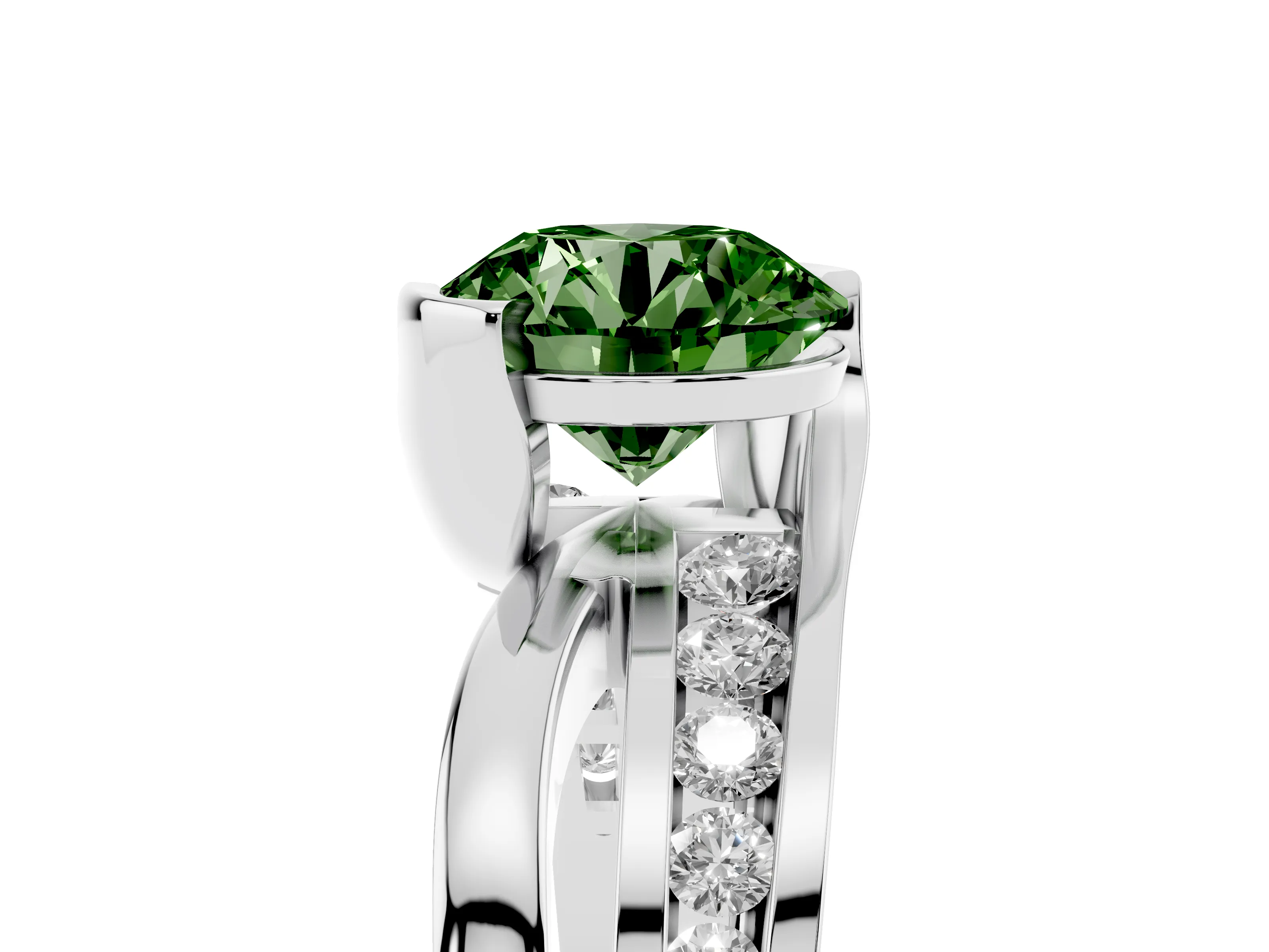 Fancy Green Round Cut Diamond Solitaire Ring Set in Silver with Channel Set Split Shank and Tension Prongs