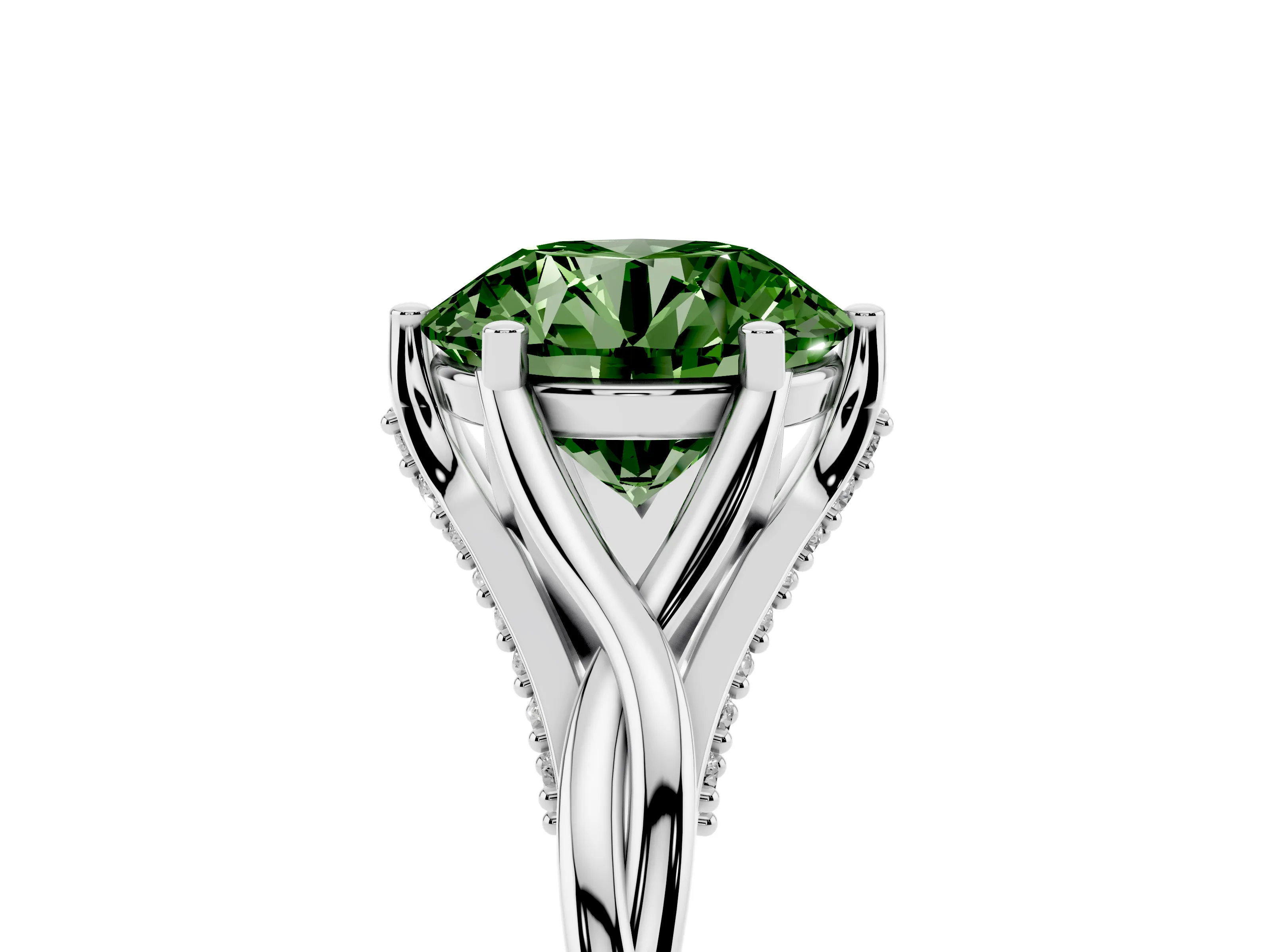 Fancy Green Round Cut Diamond Intertwined Twist Band Solitaire Ring Set in Platinum with Prong Setting