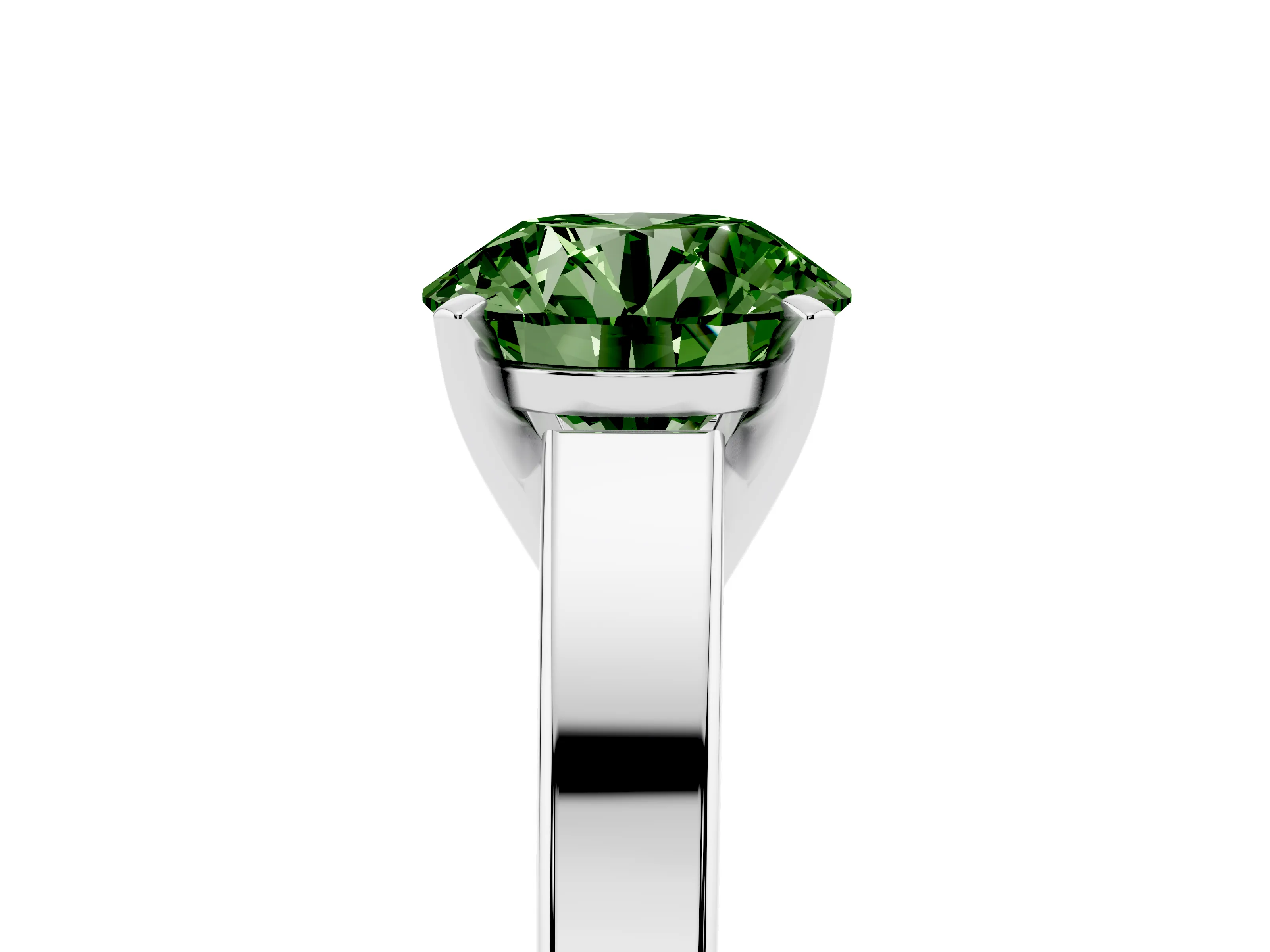 Fancy Green Round Cut Diamond Solitaire Engagement Ring Set in White gold with Prong Setting and Tapered Band