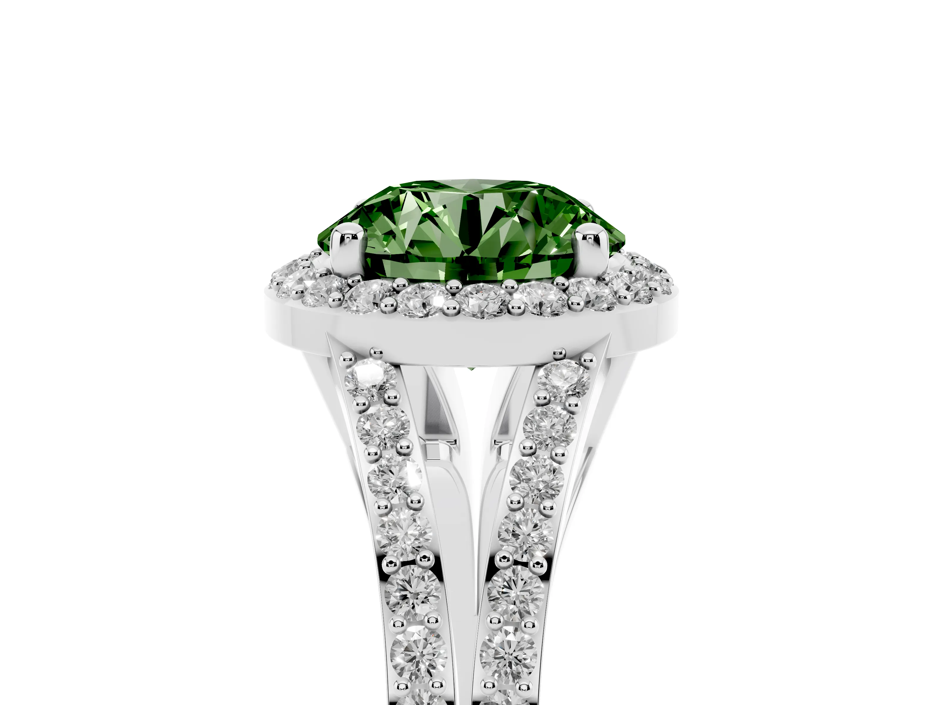 Fancy Green Round Cut Diamond Halo Split Shank Pavé Ring Set in Platinum with Prong Setting