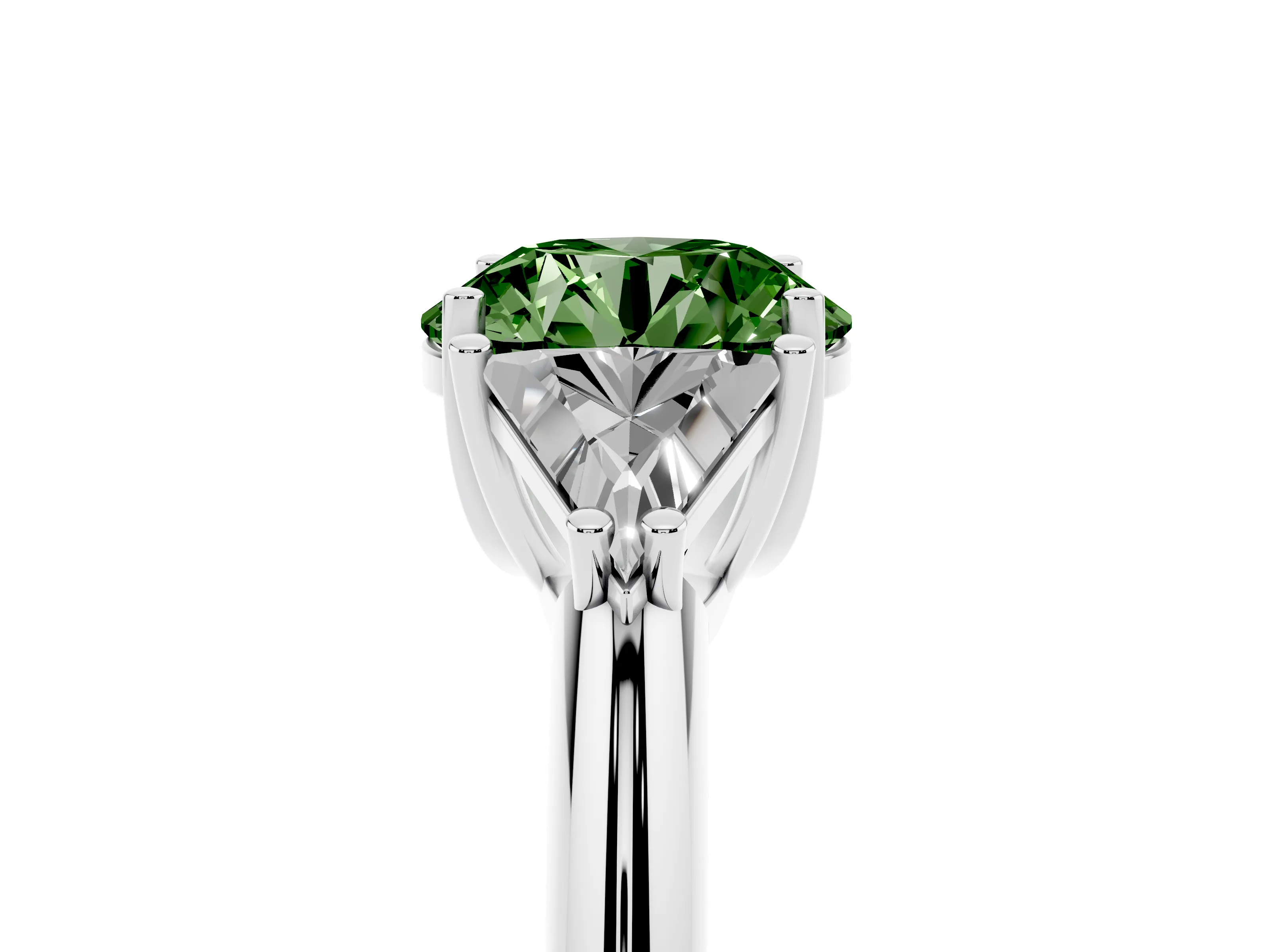 Fancy Green Round Cut Diamond Three-Stone Engagement Ring Set in Silver with Trillion Side Stones