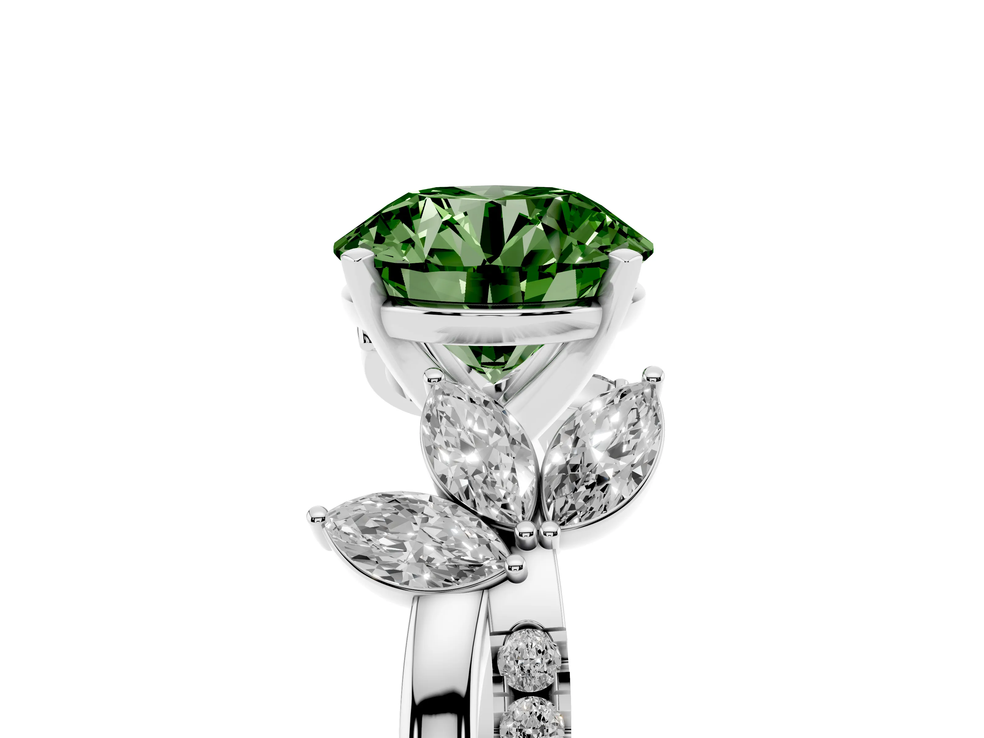 Fancy Green Round Cut Diamond Floral Vine Solitaire Engagement Ring Set in Platinum with Marquise Leaves