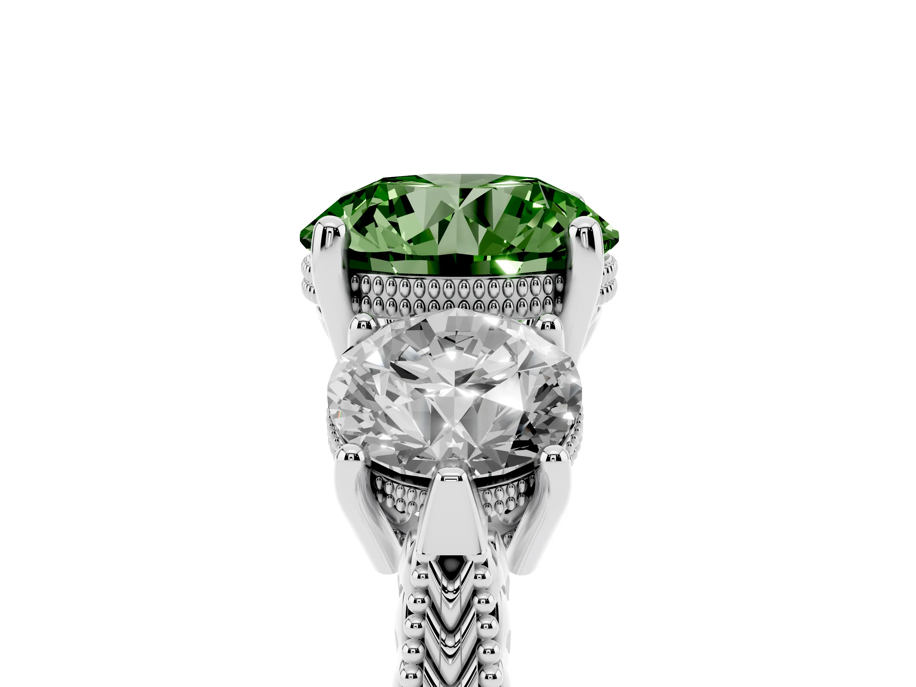 Fancy Green Round Cut Diamond Three-Stone Ring Set in Platinum with Milgrain Band