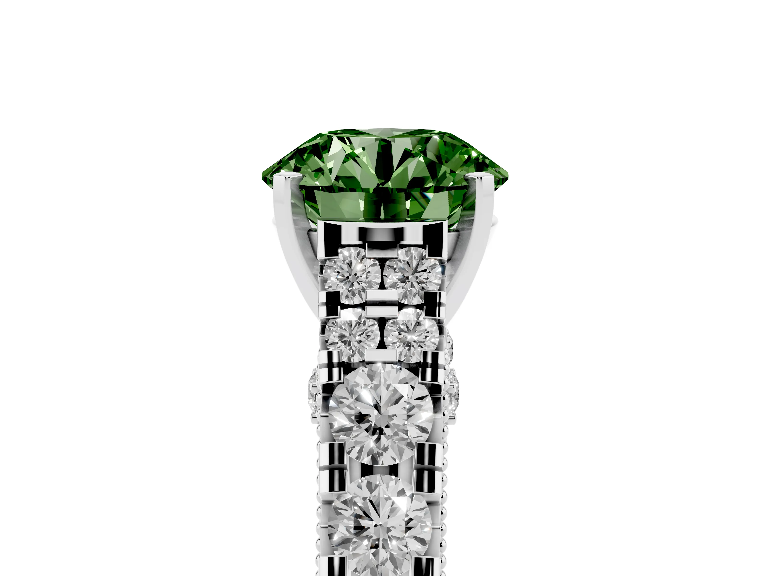 Fancy Green Round Cut Diamond Classic Solitaire Ring Set in Platinum with Pavé Band and Prong Setting
