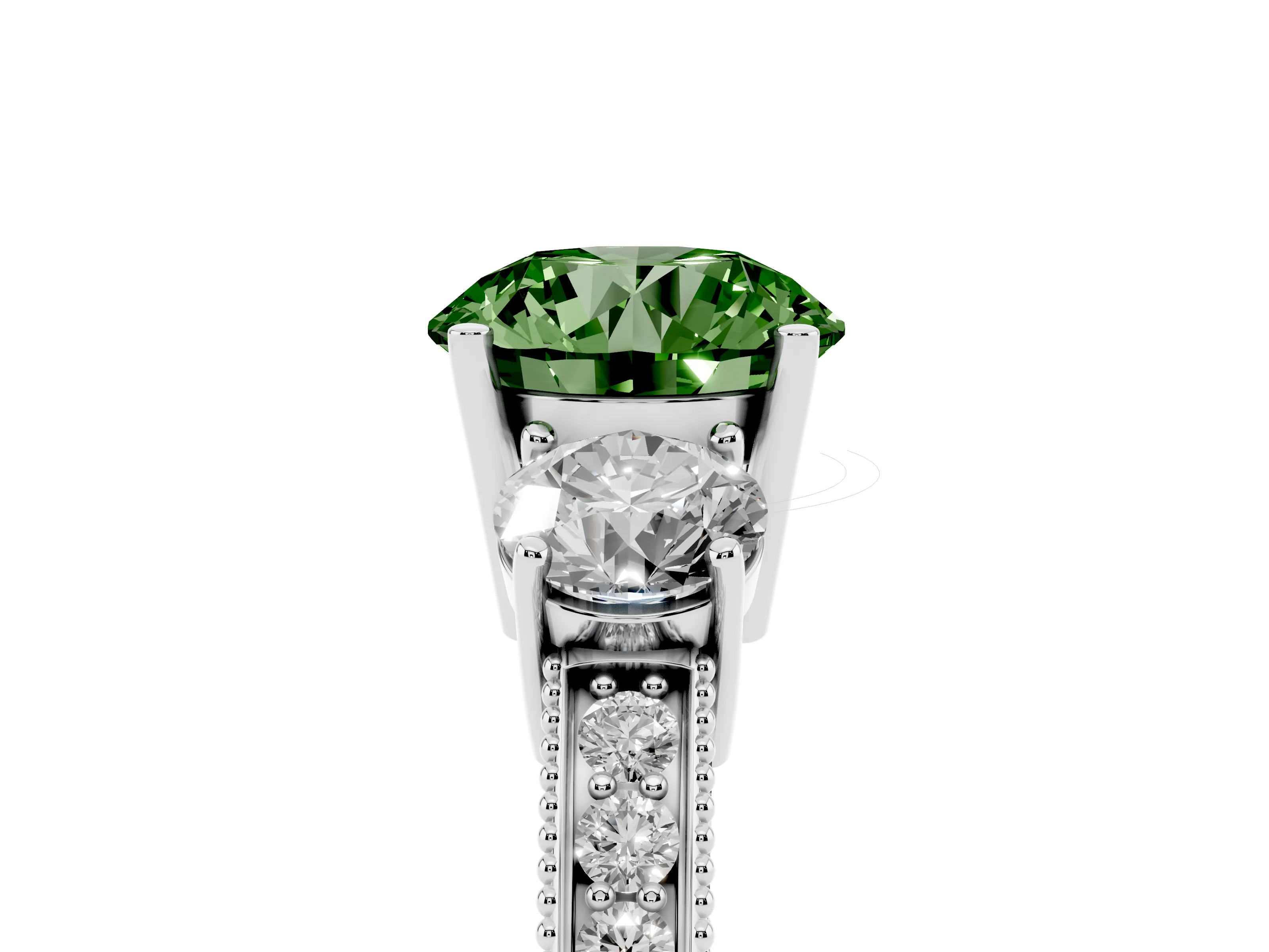 Fancy Green Round Cut Diamond Three-Stone Ring Set in White gold with Round Side Stones and Pavé Band