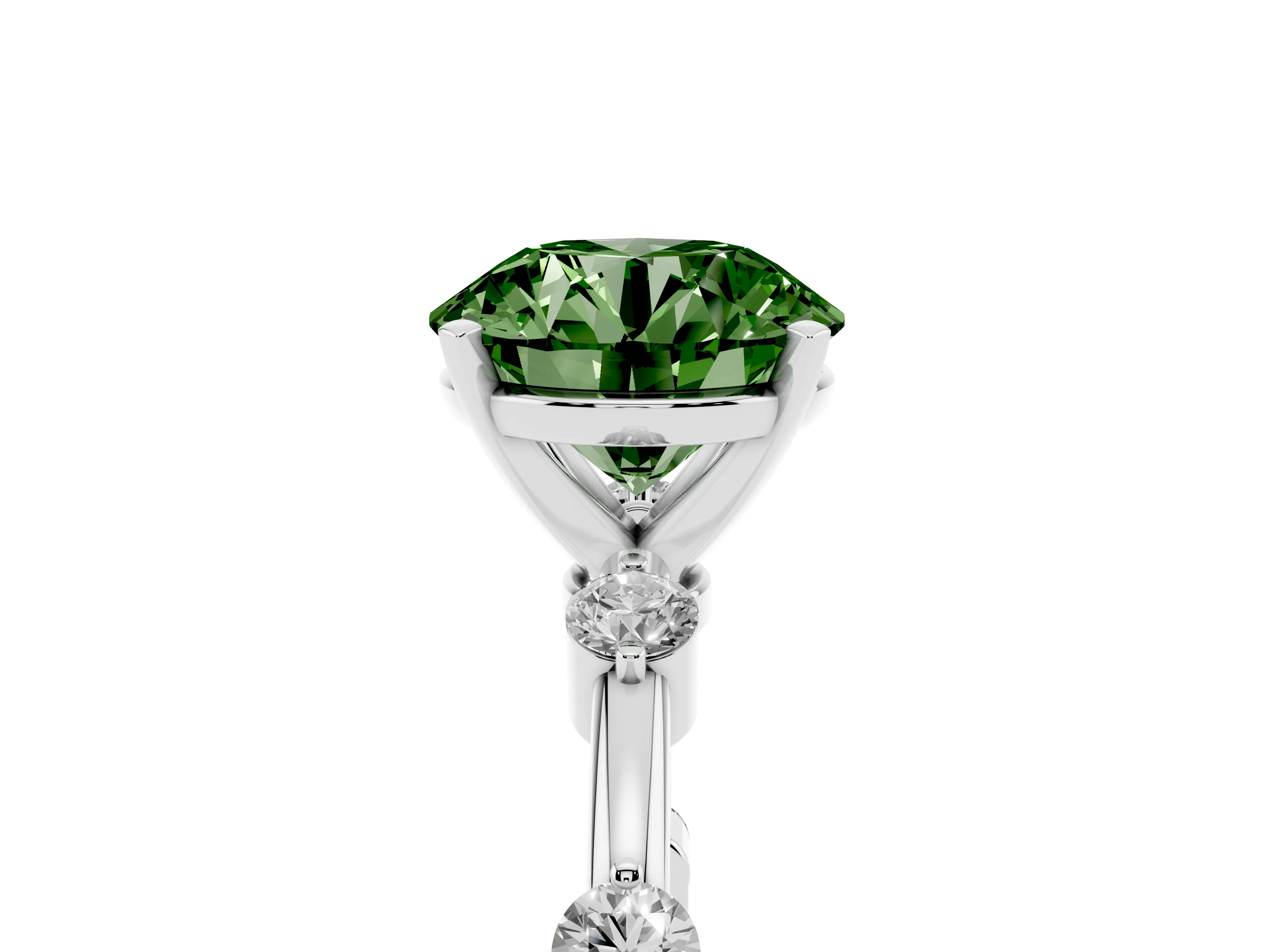 Fancy Green Round Cut Diamond Solitaire Ring Set in Silver with Bezel Set Side Stones and Prong Setting