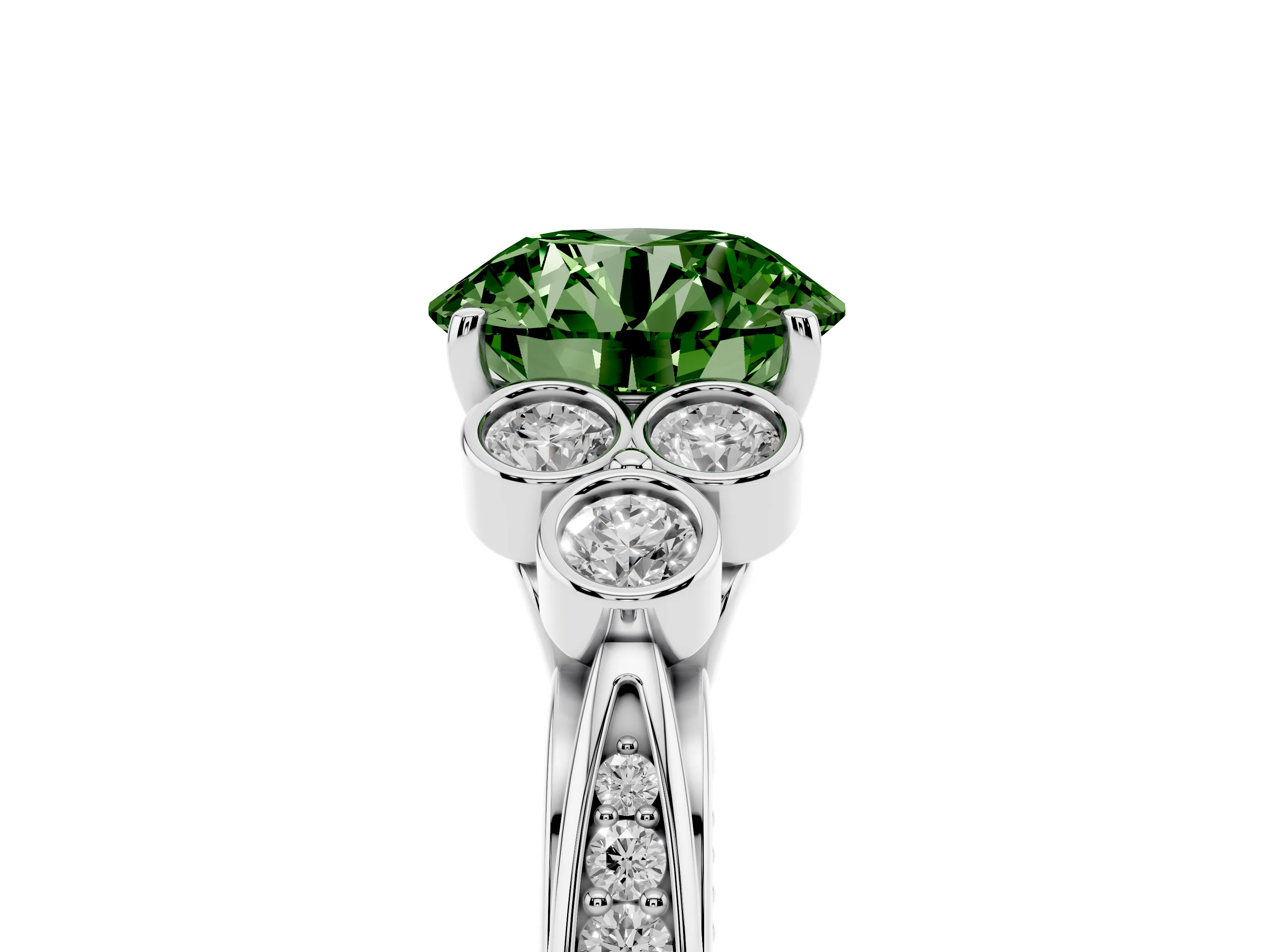 Fancy Green Round Cut Diamond Engagement Ring Set in Platinum with Bezel Set Round Side Stones and Prong Setting