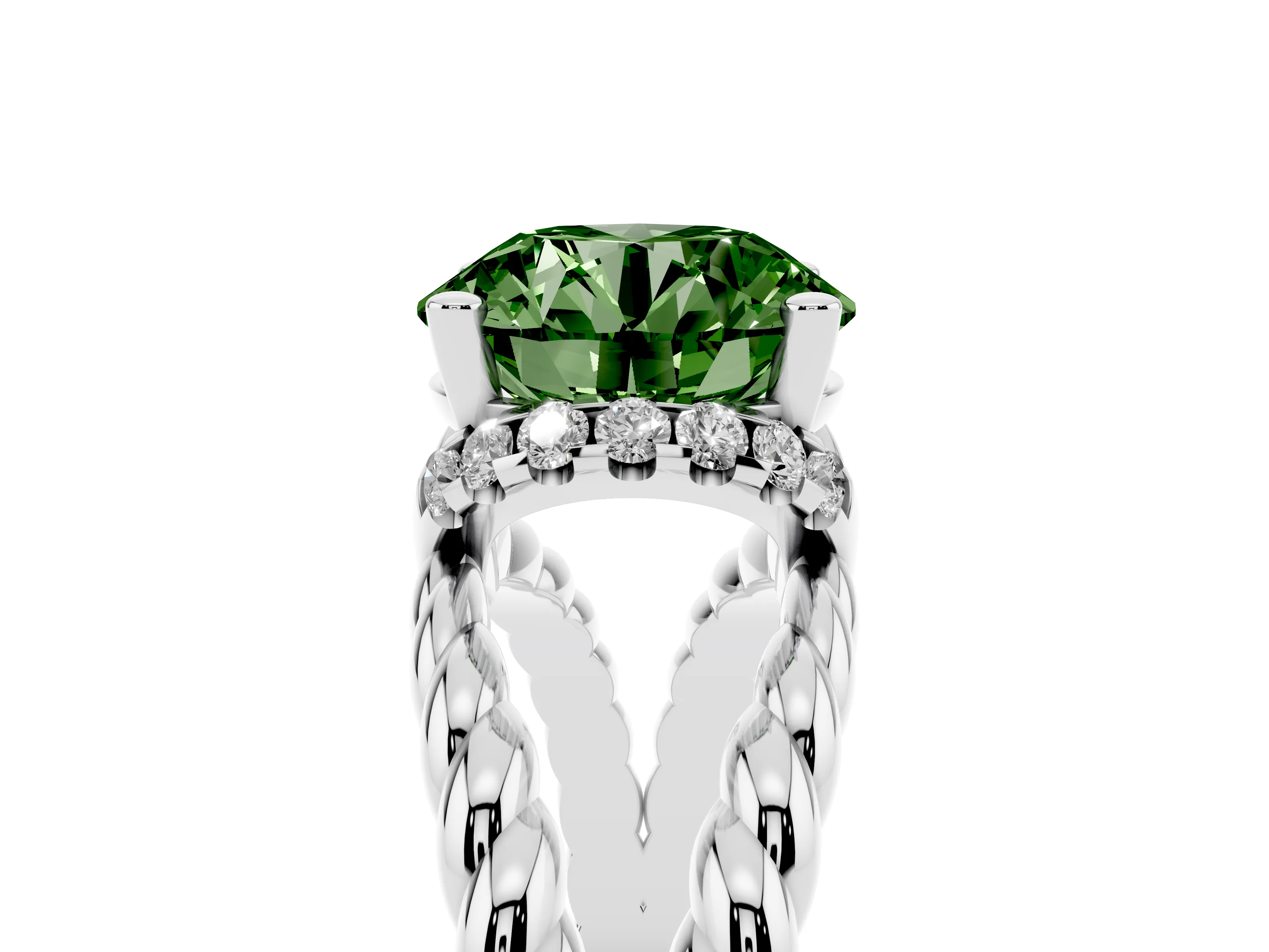 Fancy Green Round Cut Diamond Halo Ring Set in White gold with Twisted Band and Prong Setting