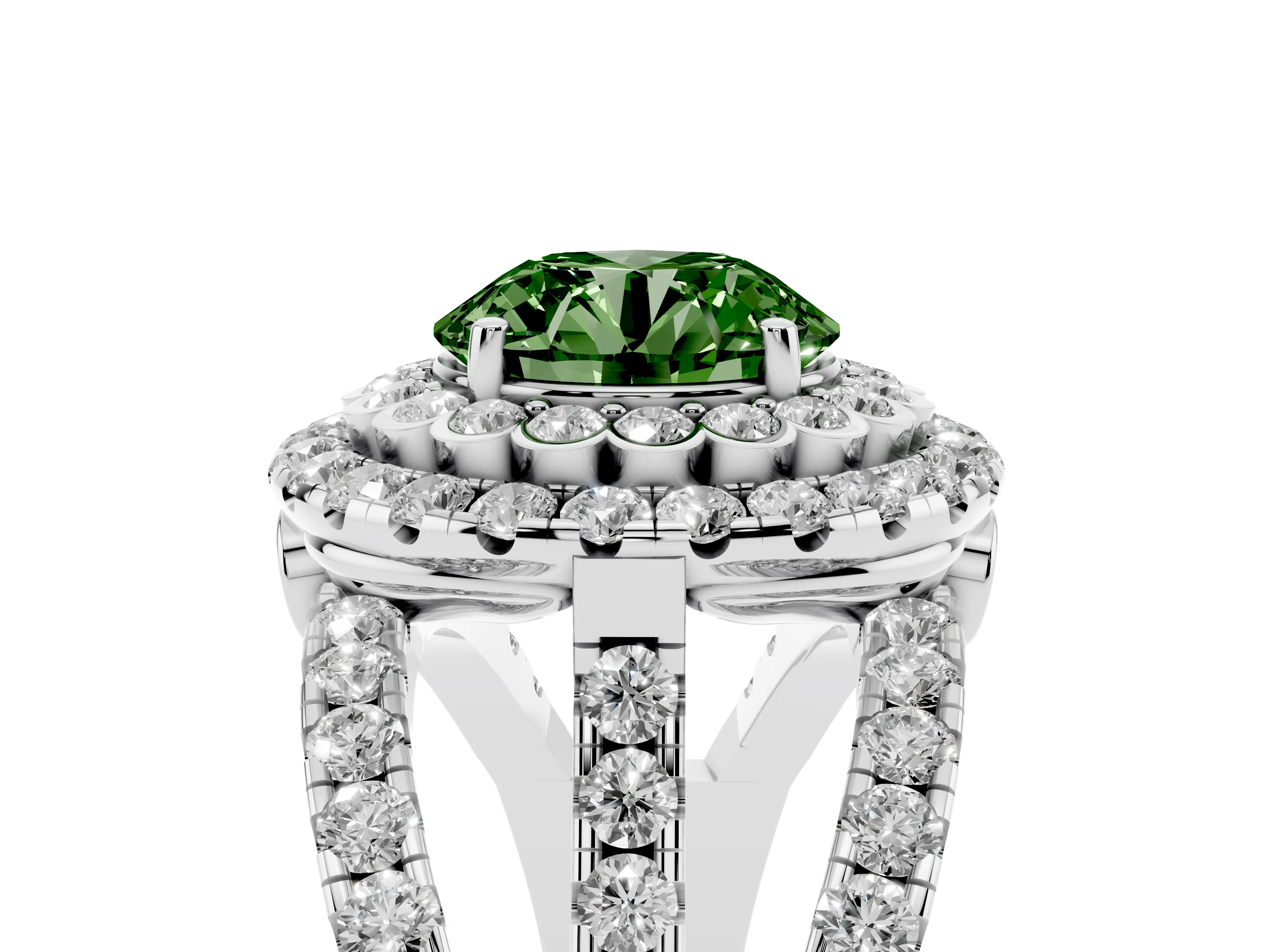 Fancy Green Round Cut Diamond Double Halo Ring Set in Silver with Round Pavé Split Shank