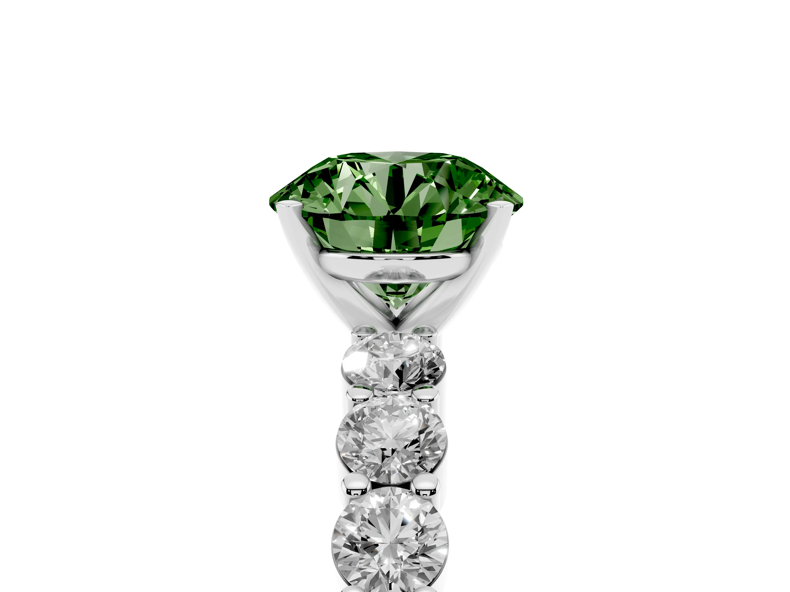 Fancy Green Round Cut Diamond Solitaire Ring Set in Silver with Shared Prong Round Side Stones