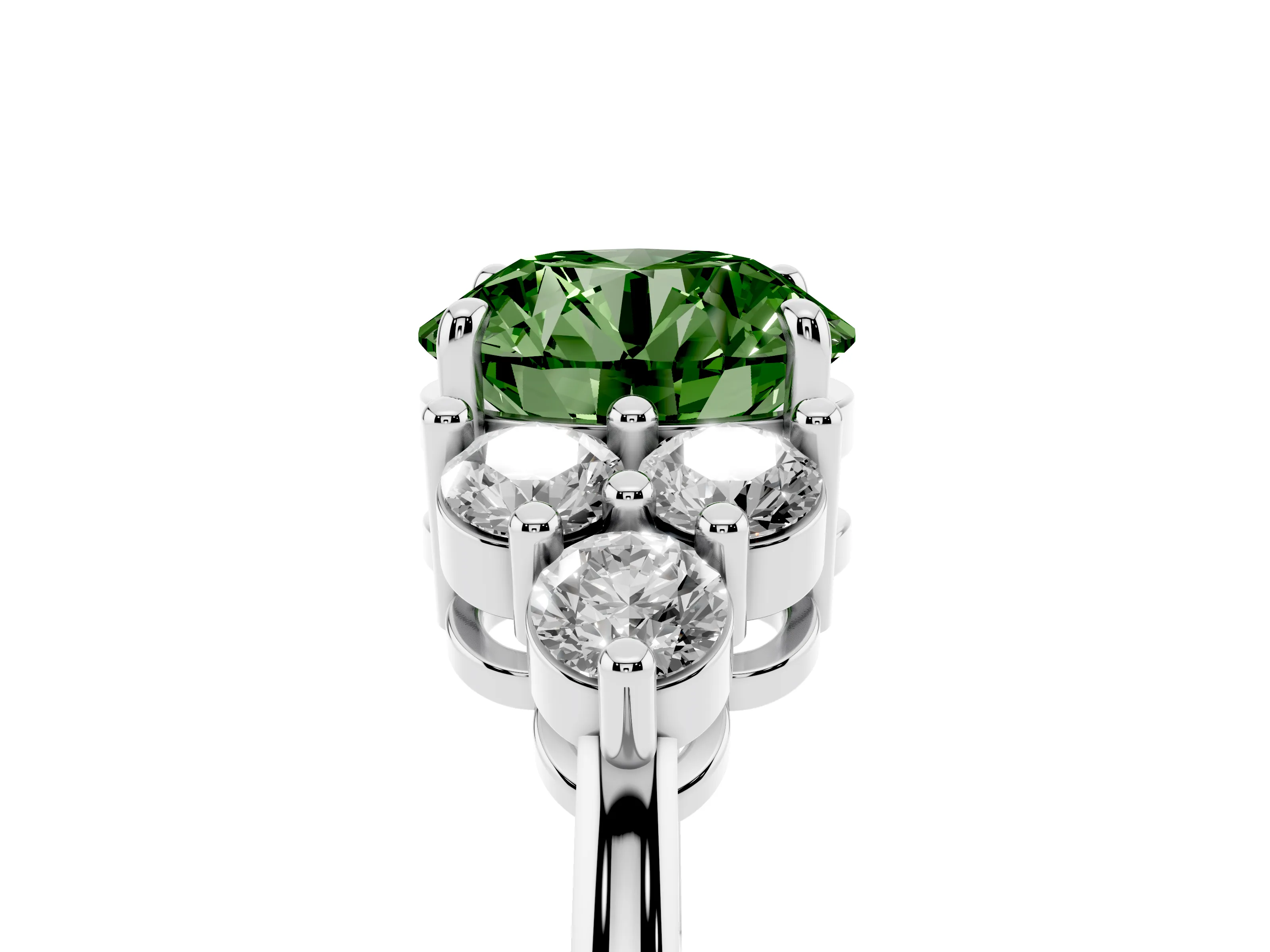 Fancy Green Round Cut Diamond Solitaire Ring Set in Silver with Cluster Accents on Each Side