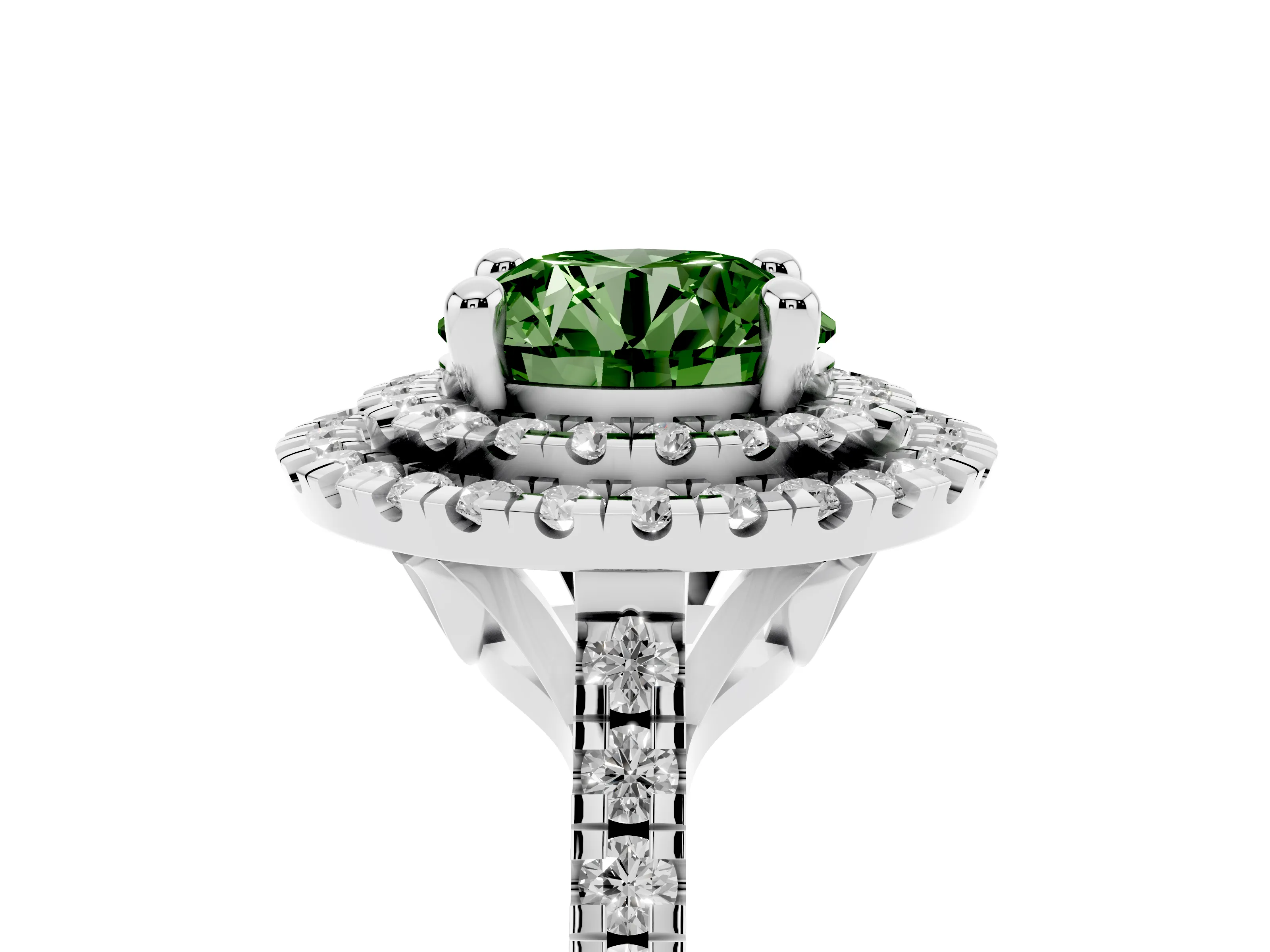 Fancy Green Round Cut Diamond Double Halo Statement Ring Set in Silver with Pavé Band