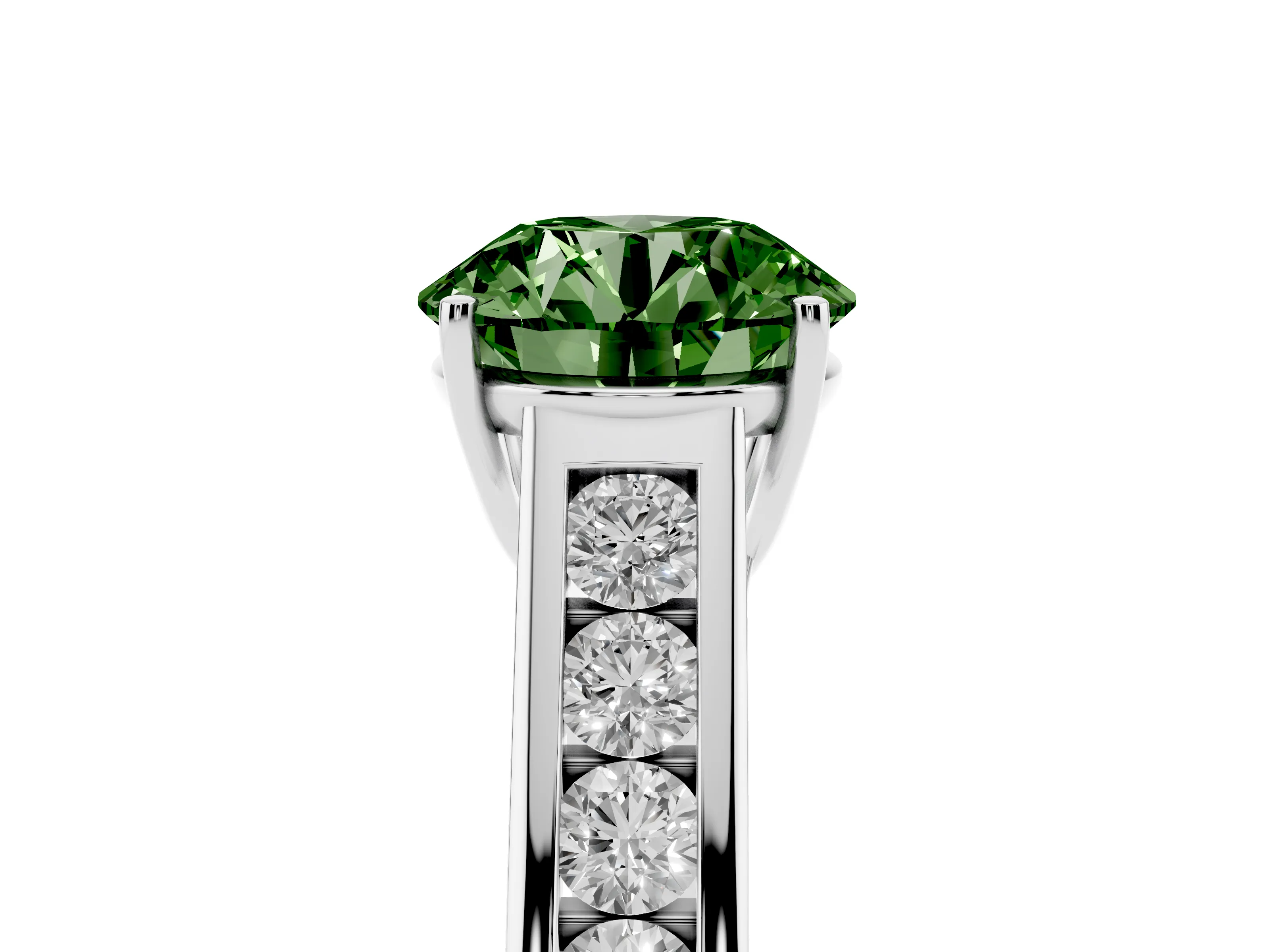 Fancy Green Round Cut Diamond Solitaire Channel-Set Engagement Ring Set in Silver with Prong Setting