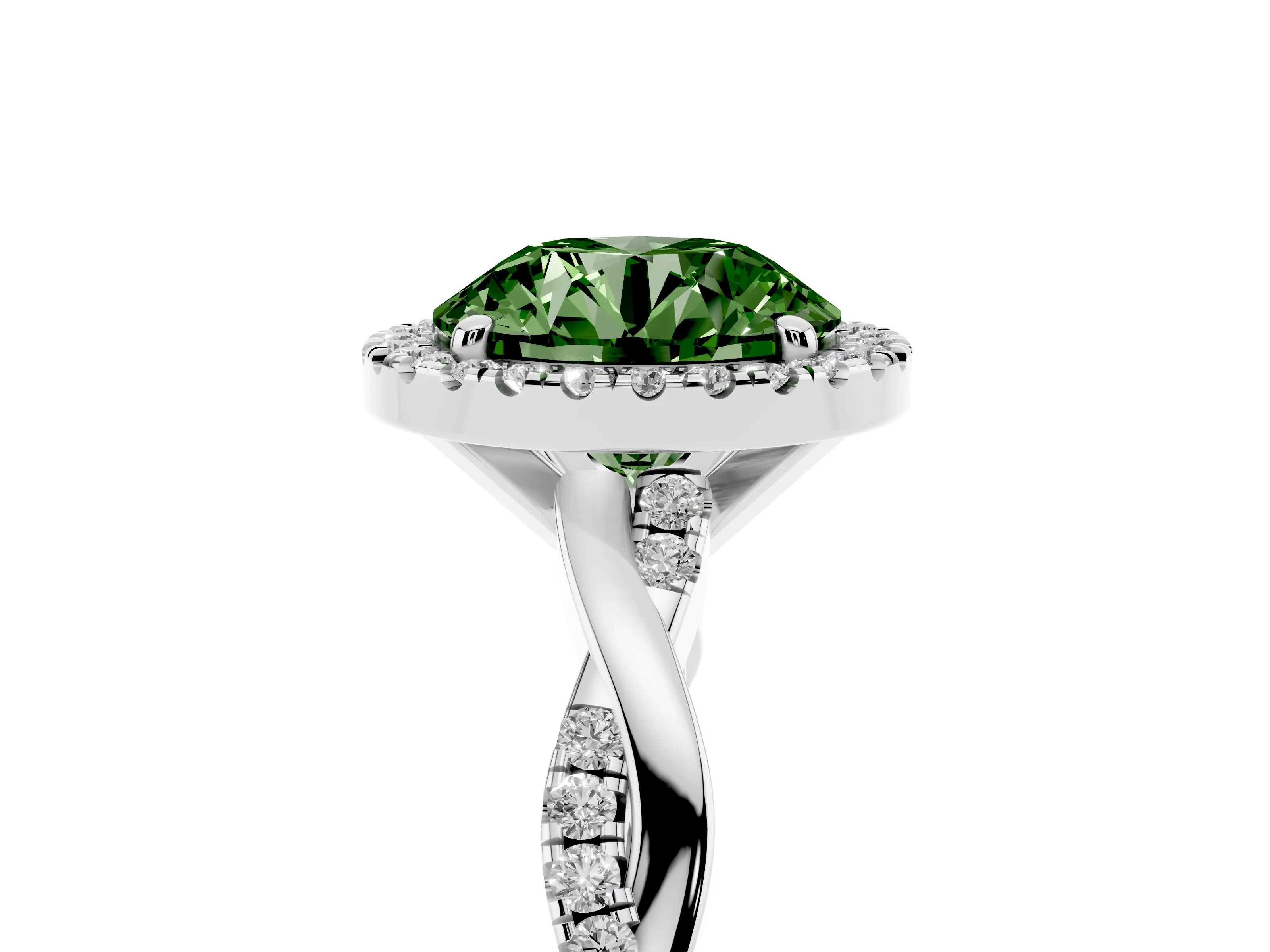 Fancy Green Round Cut Diamond Halo Twisted Band Ring Set in White gold with Prong Setting
