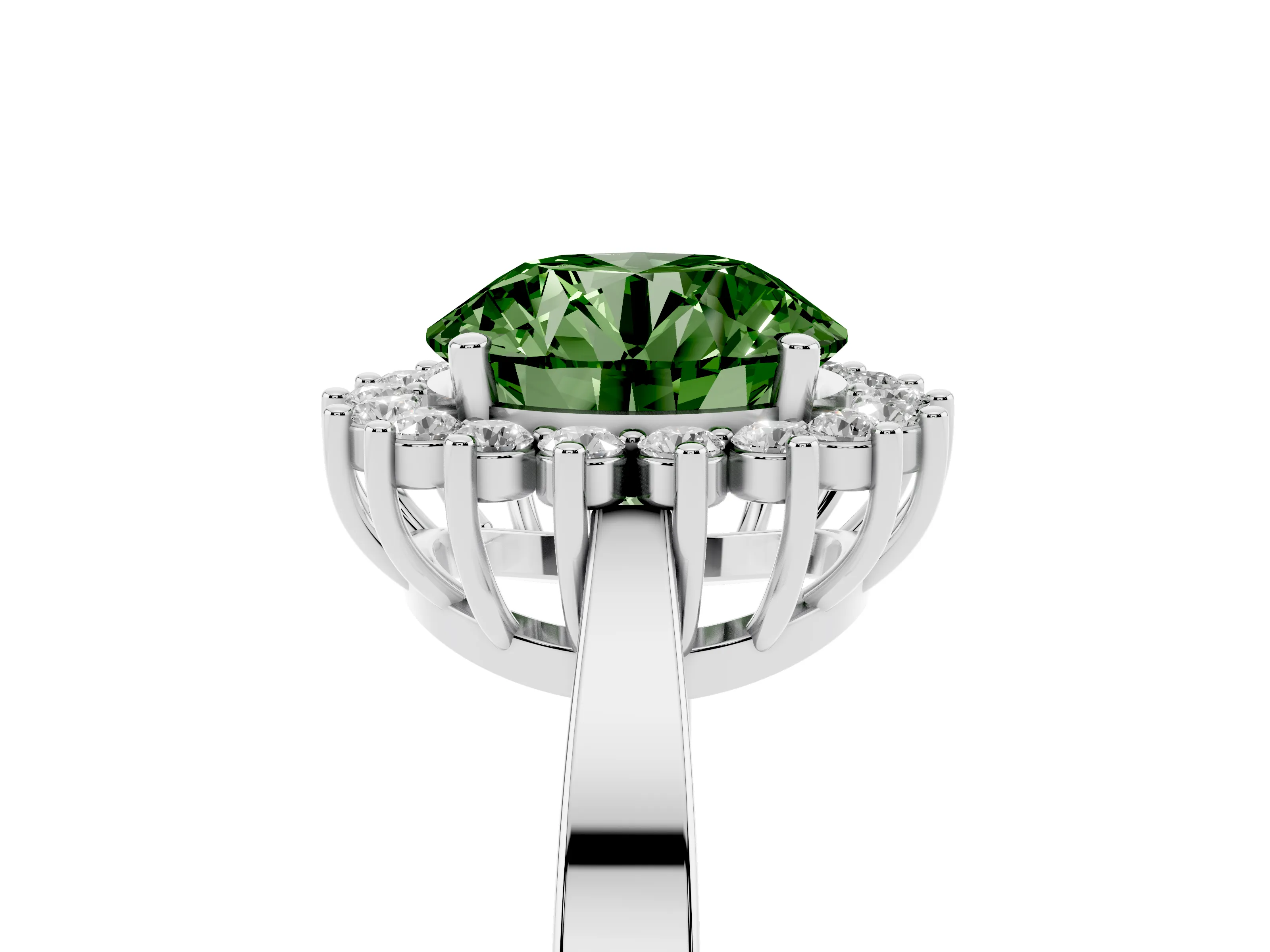 Fancy Green Round Cut Diamond Halo Ring Set in White gold with Round Halo and Smooth Solitaire Band