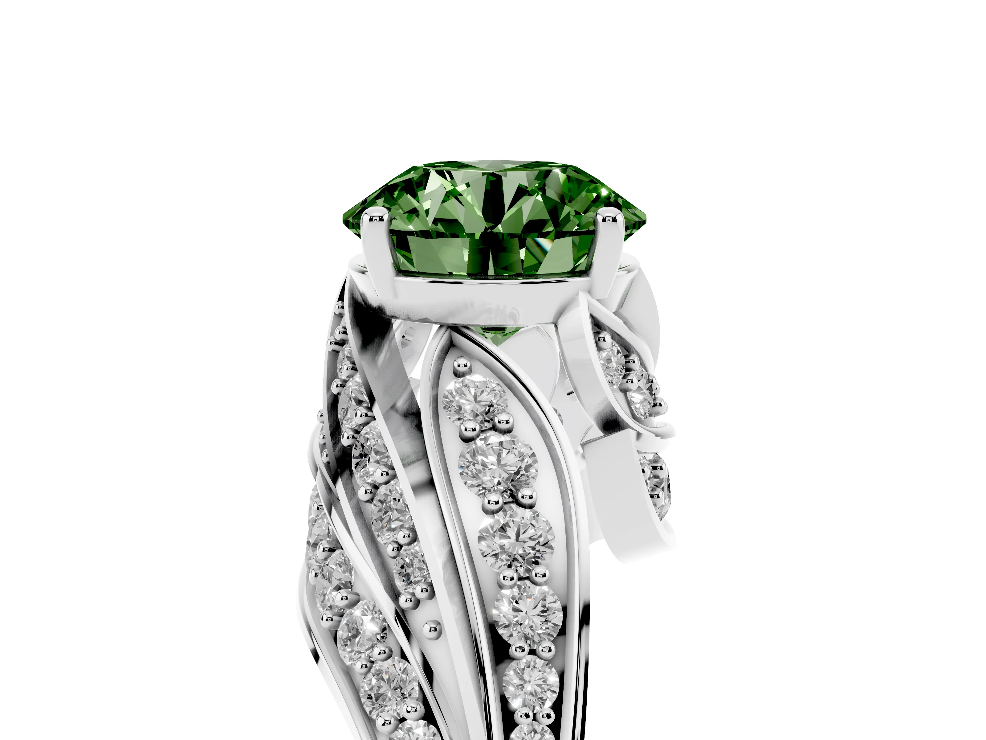 Fancy Green Round Cut Diamond Solitaire Ring Set in Silver with Layered Twist Pavé Band