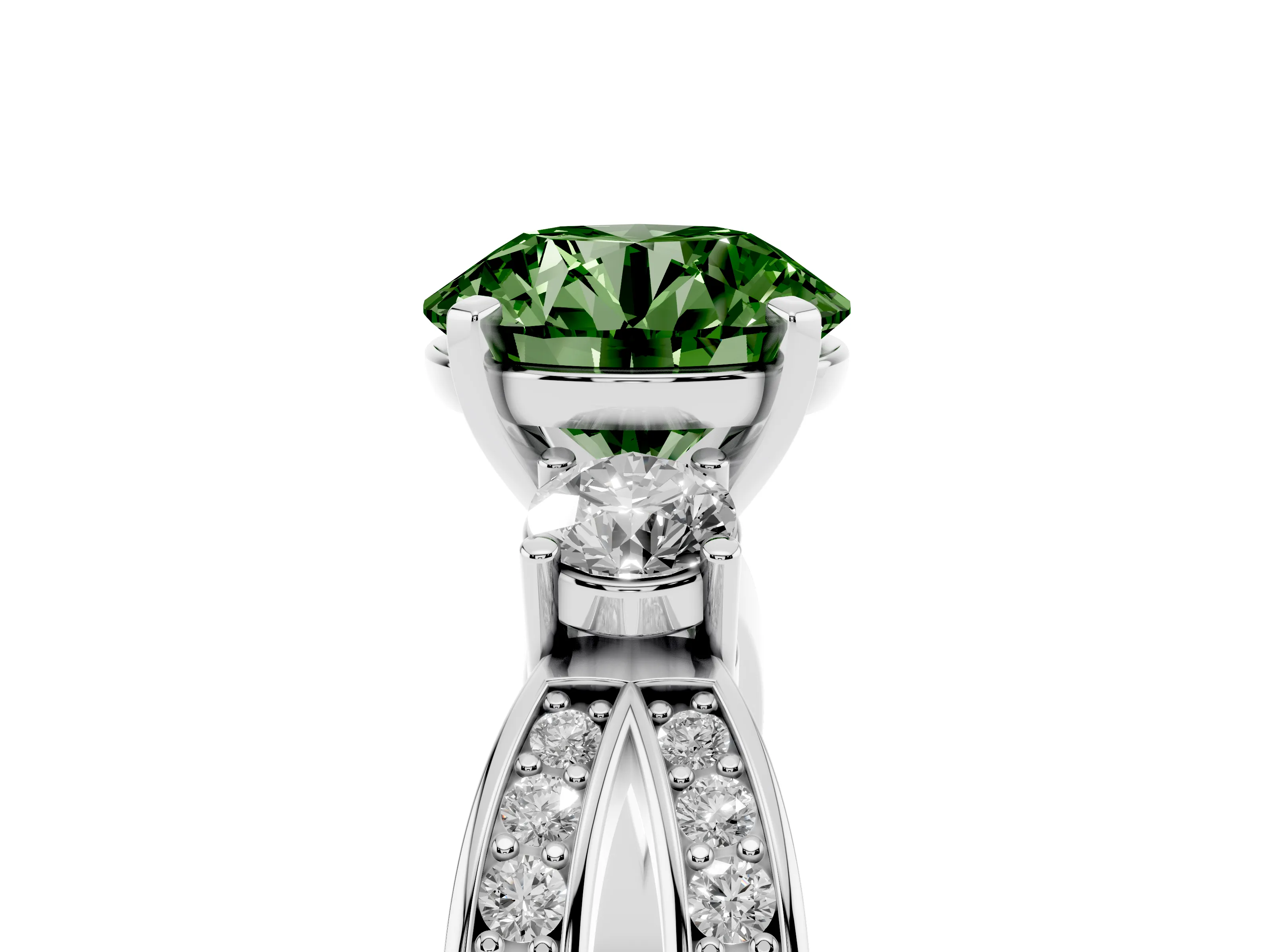 Fancy Green Three-Stone Round Cut Diamond Twist Band Ring Set in Silver with Pavé Accents and Prong Setting