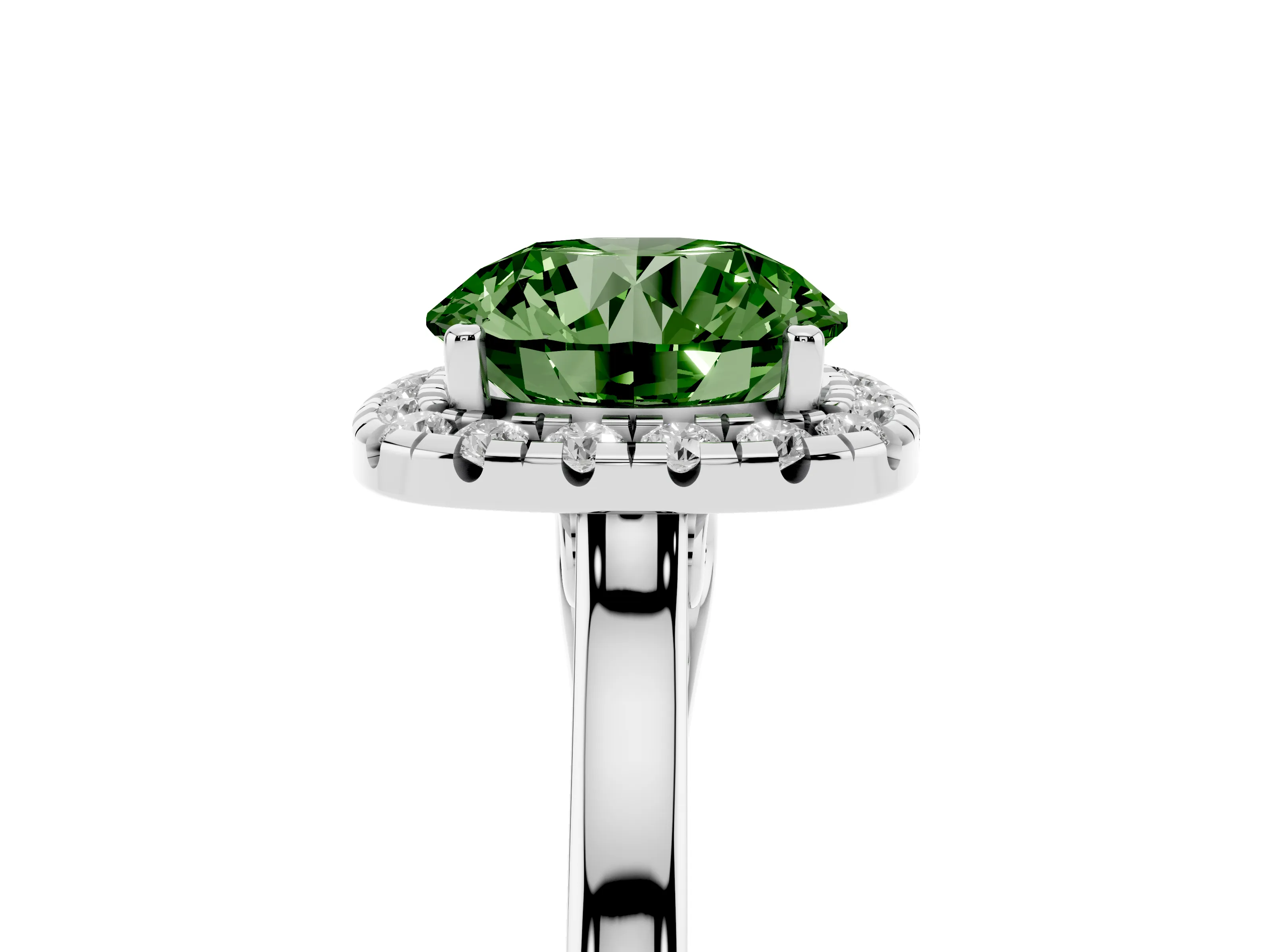 Fancy Green Round Cut Halo Round Diamond Solitaire Ring Set in Silver with Pavé Band and Prong Setting