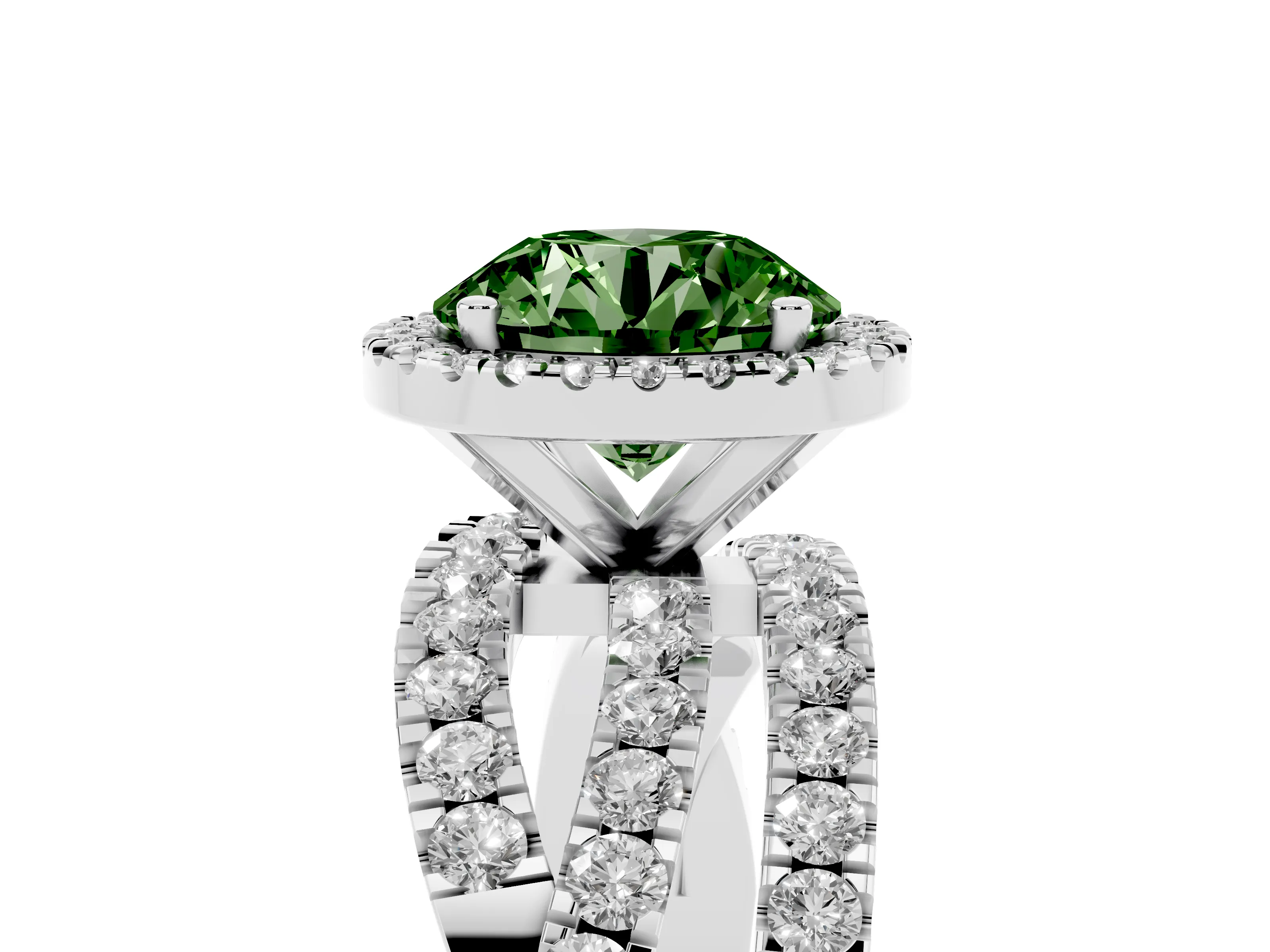 Fancy Green Round Cut Diamond Halo Ring Set in Platinum with Round Crossover Split Shank and Prong Setting