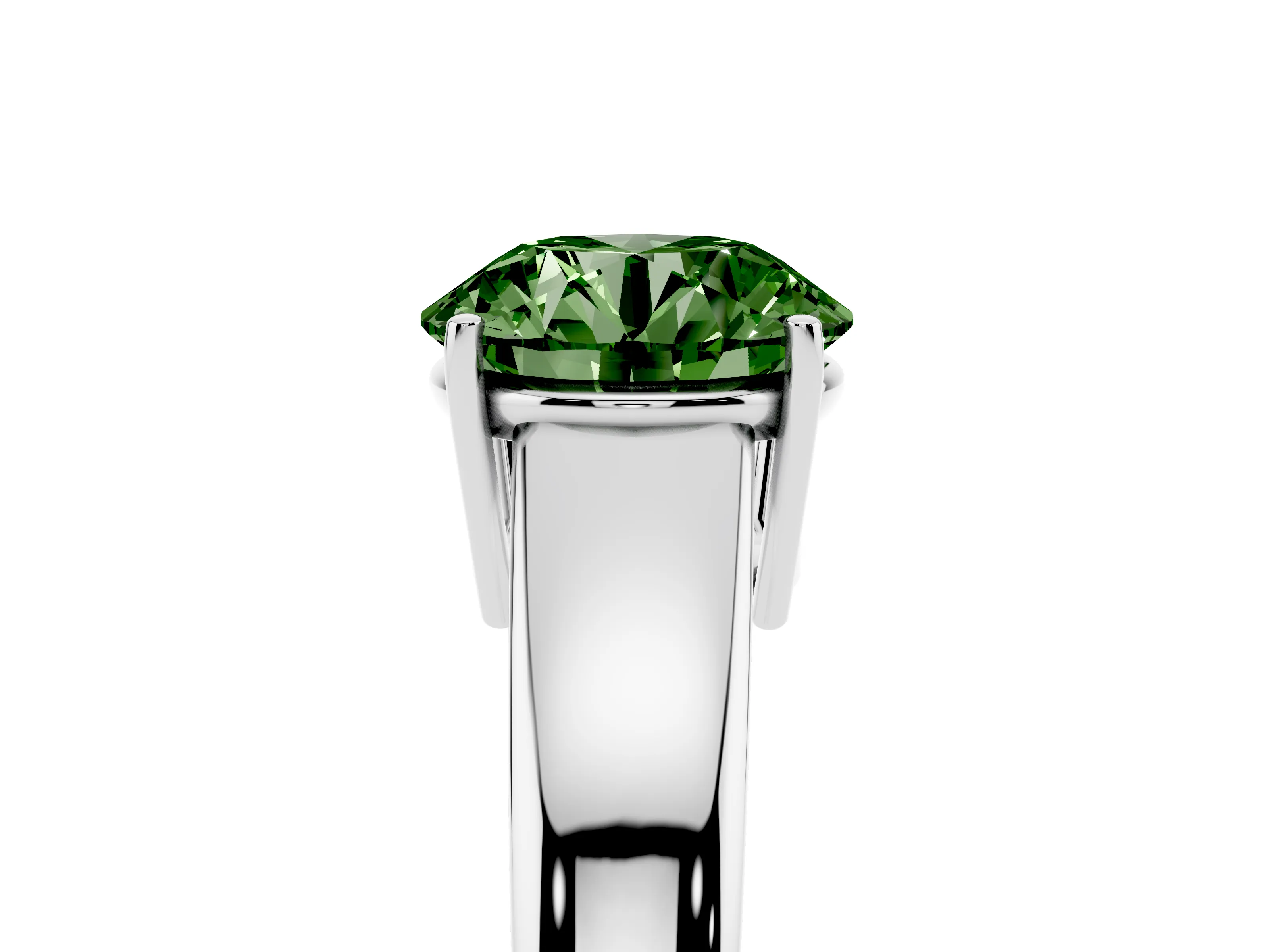 Fancy Green Round Cut Diamond Solitaire Ring Set in Silver with Tapered Band and Prong Setting