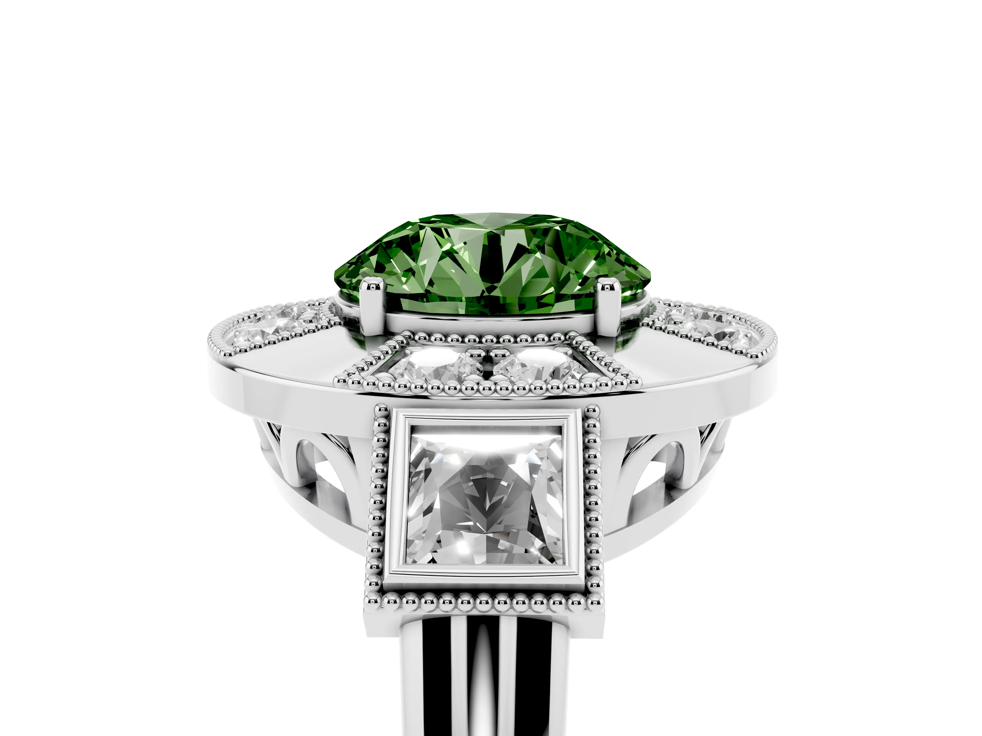Fancy Green Round Cut Diamond Milgrain Halo Ring Set in Platinum with Split Shank