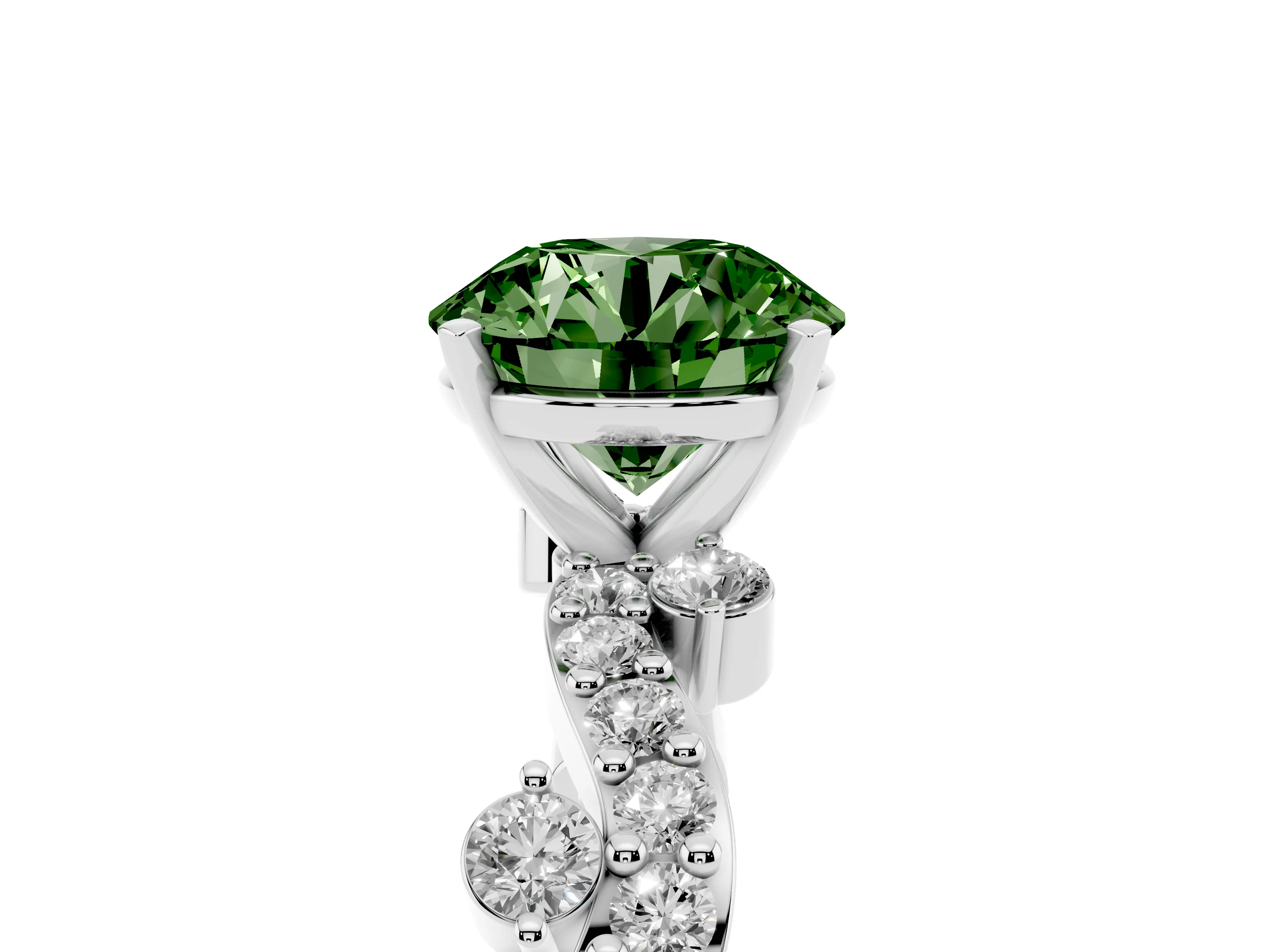 Fancy Green Round Cut Diamond Solitaire Twisted Band Set in Silver with Pavé Setting