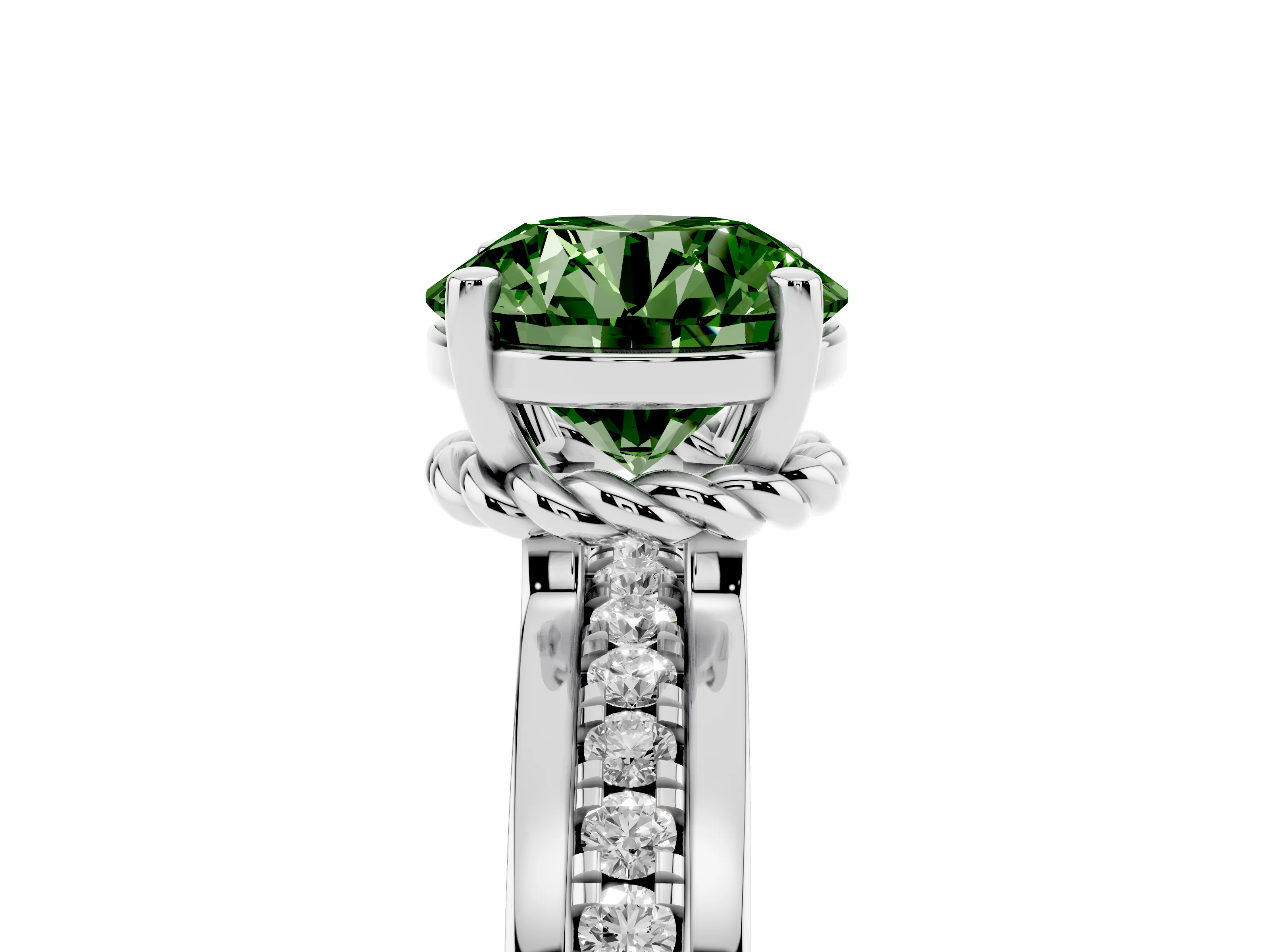 Fancy Green Round Cut Diamond Solitaire Ring Set in Silver with Channel Set Band and Prong Setting