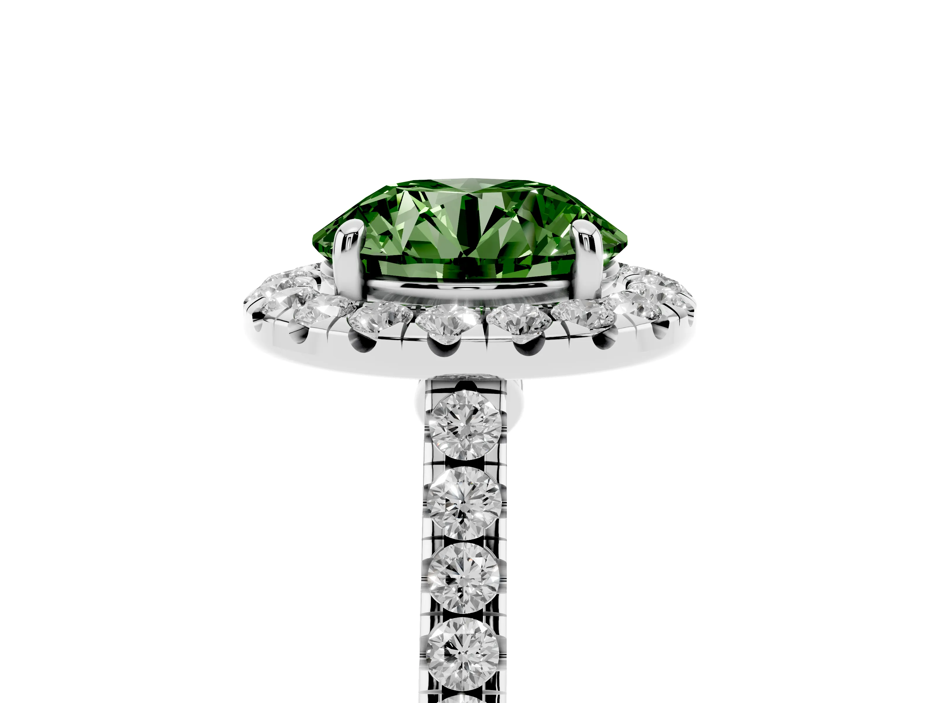 Fancy Green Round Cut Diamond Halo Pavé Engagement Ring Set in White gold with Prong Setting